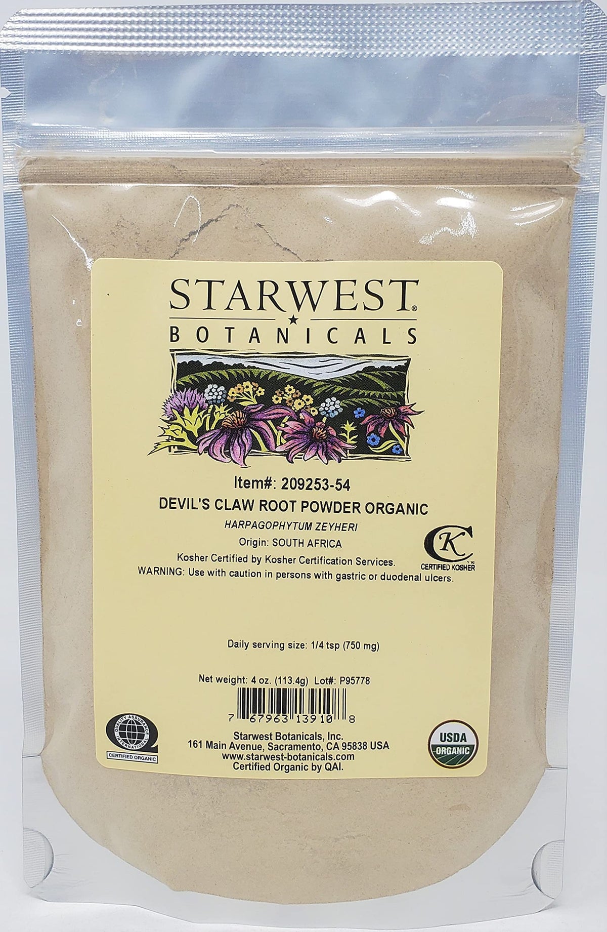 Starwest Botanicals empaque frontal de raíz de garra del diablo en polvo beneficio uso versátil