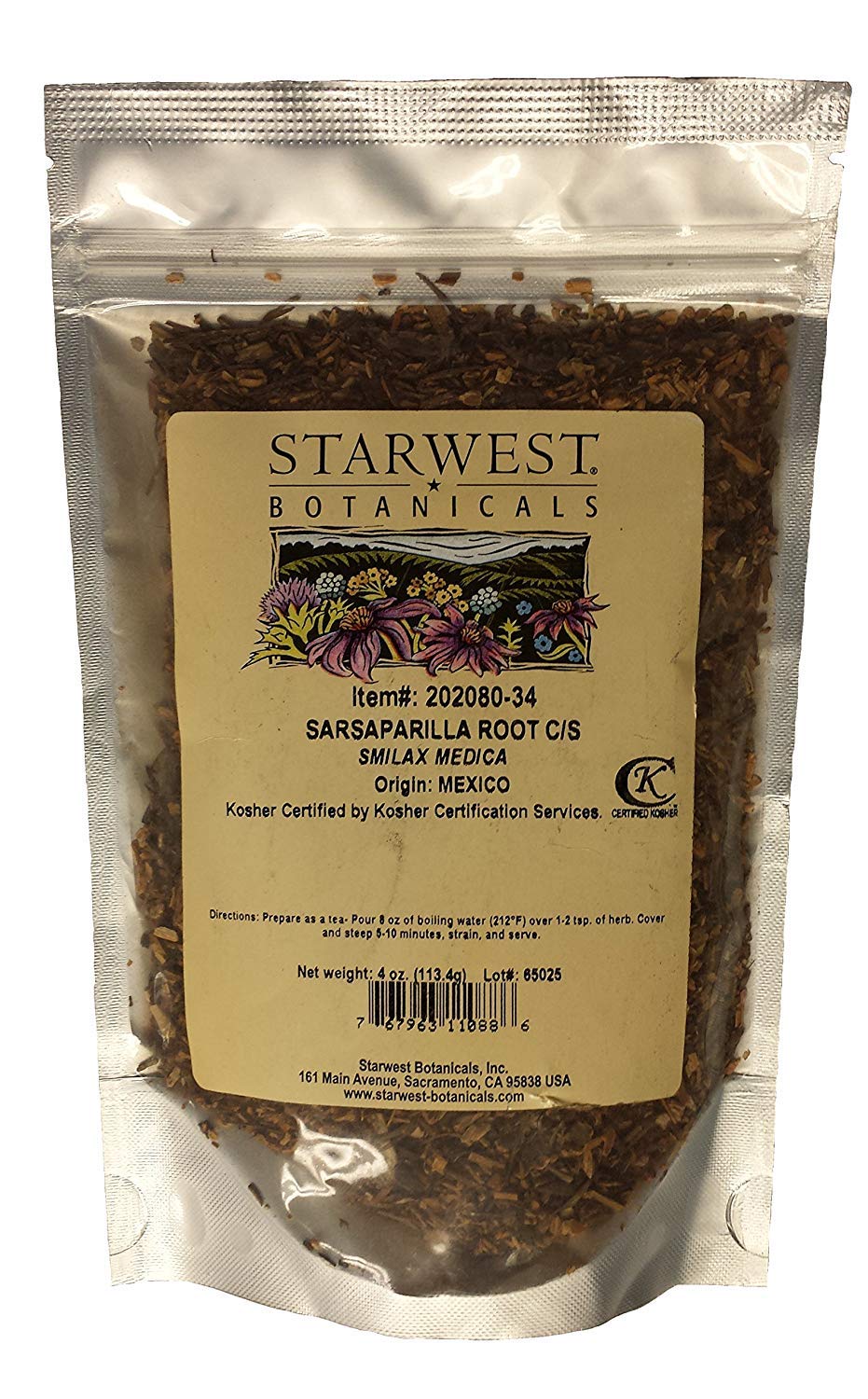 Starwest Botanicals raíz de zarzaparrilla paquete frontal, calidad silvestre y uso práctico