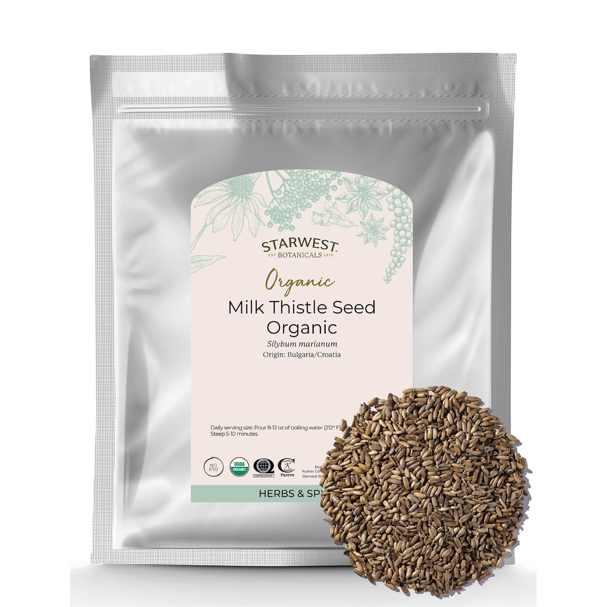 Starwest Botanicals frente del paquete de semillas de cardo mariano, almacenamiento a granel
