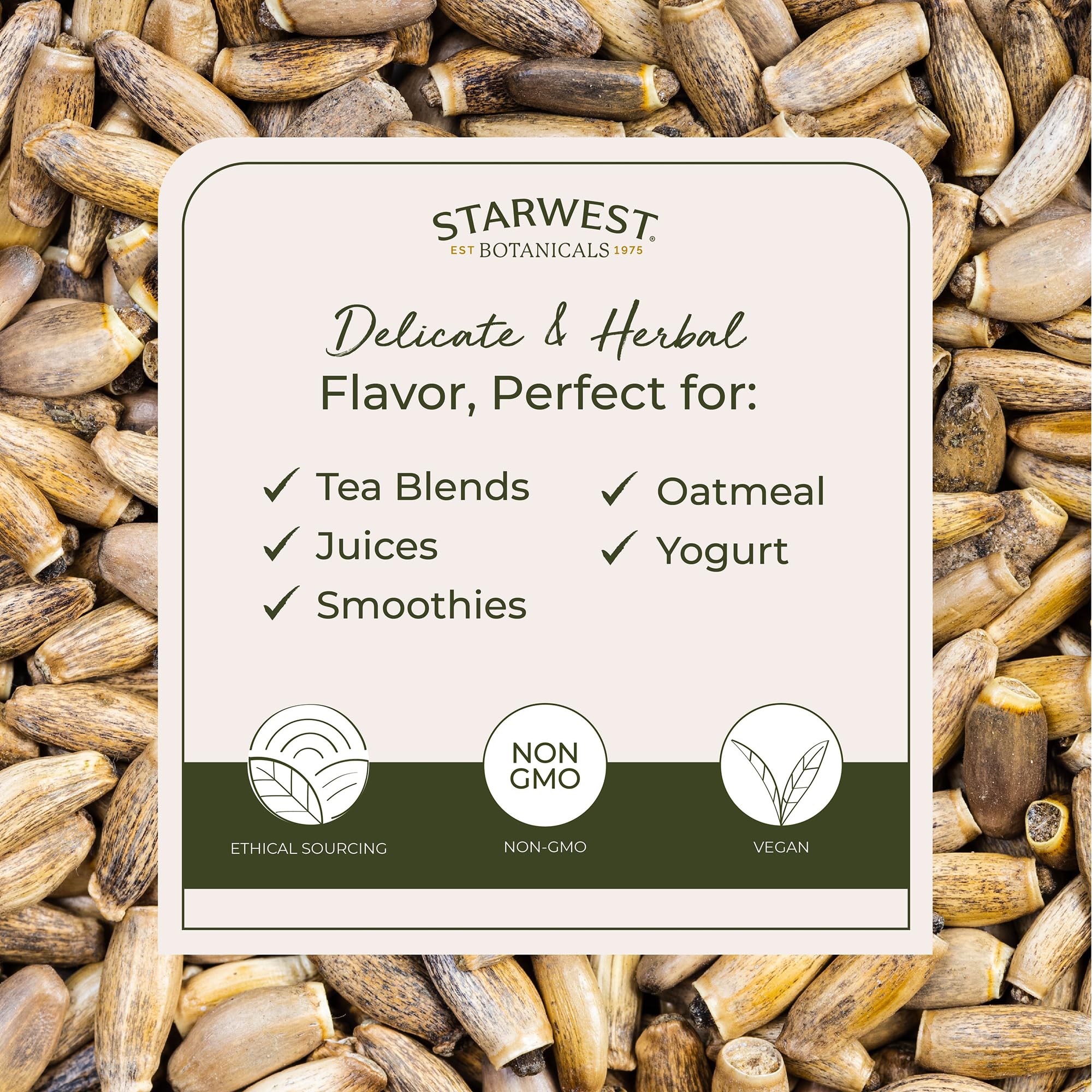 Starwest Botanicals semillas infusionadas en taza de té, preparación caliente lista