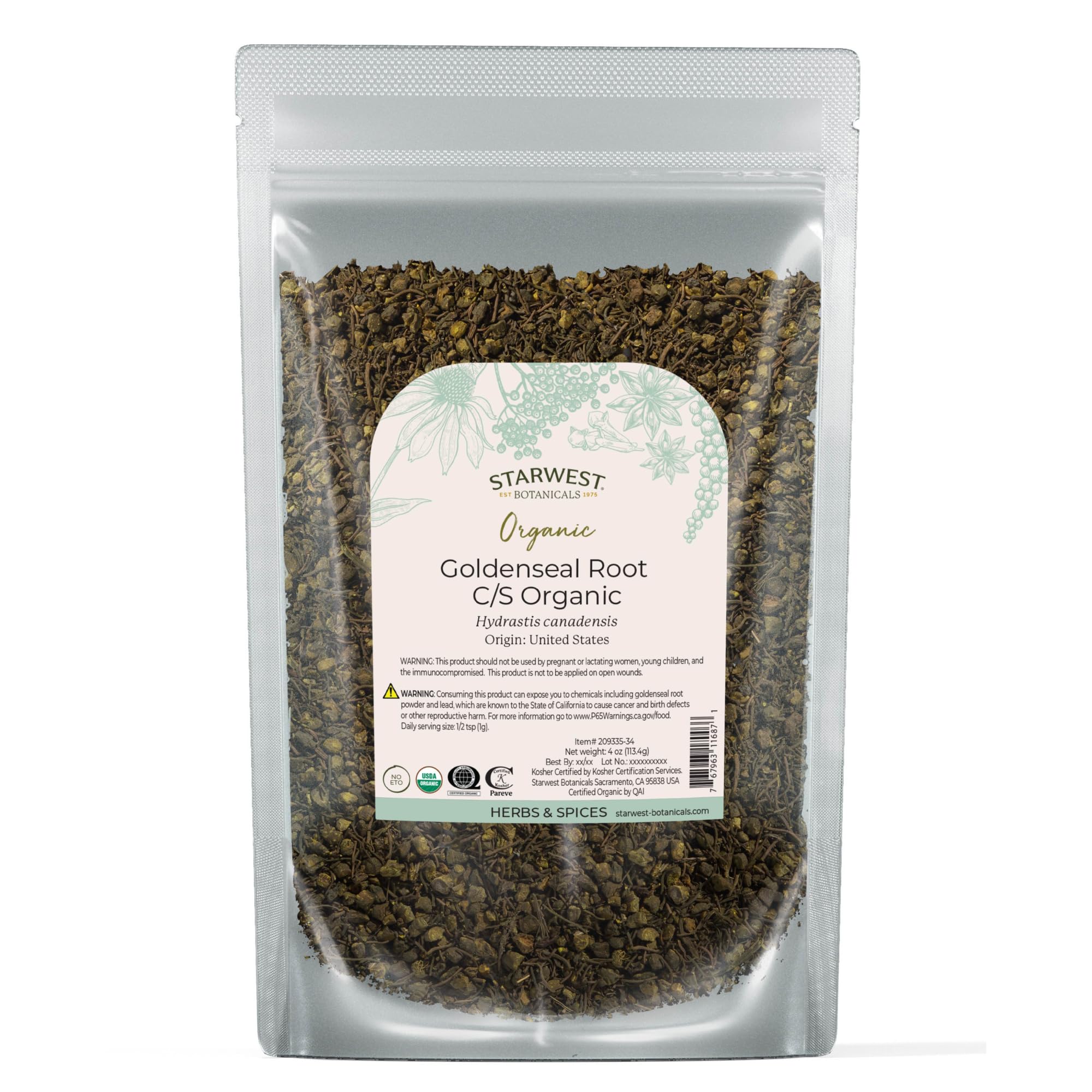 Starwest Botanicals empaque frontal mostrando bolsa orgánica y peso 4 oz