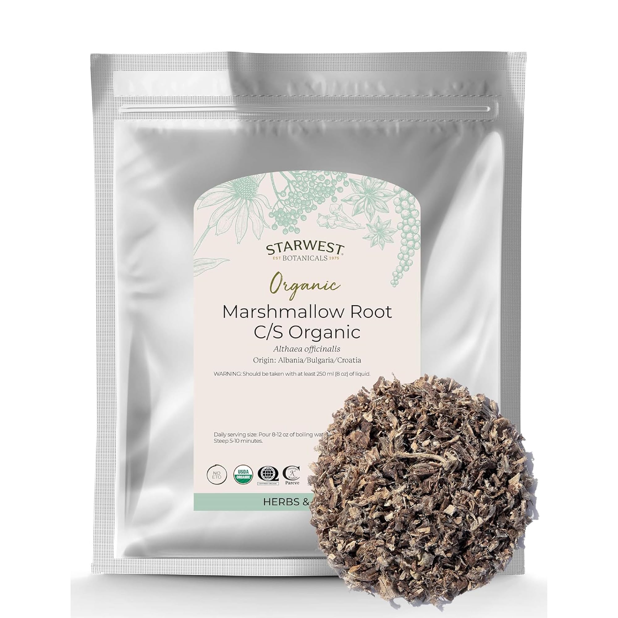 Starwest Botanicals paquete frontal raíz de malvavisco mostrando cantidad