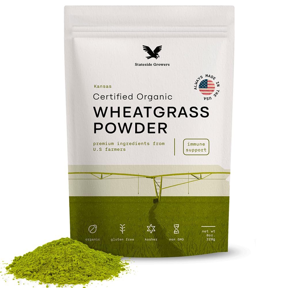 Stateside Growers empaque frontal mostrando polvo de wheatgrass y beneficios naturales