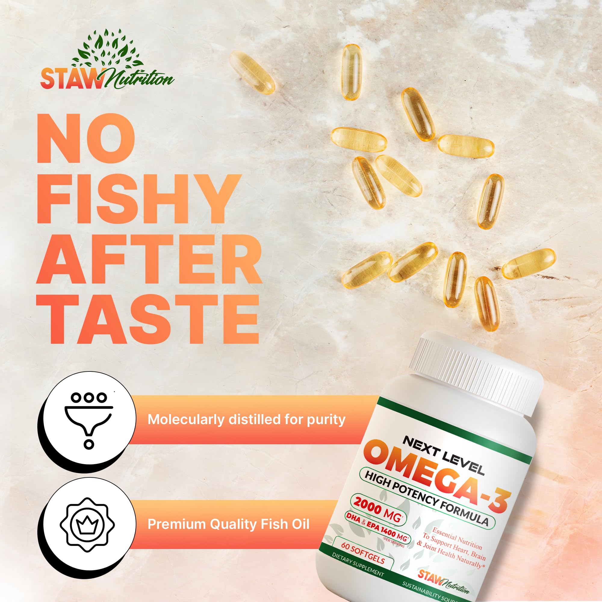 STAW Nutrition etiqueta nutricional destacando EPA y DHA por porción