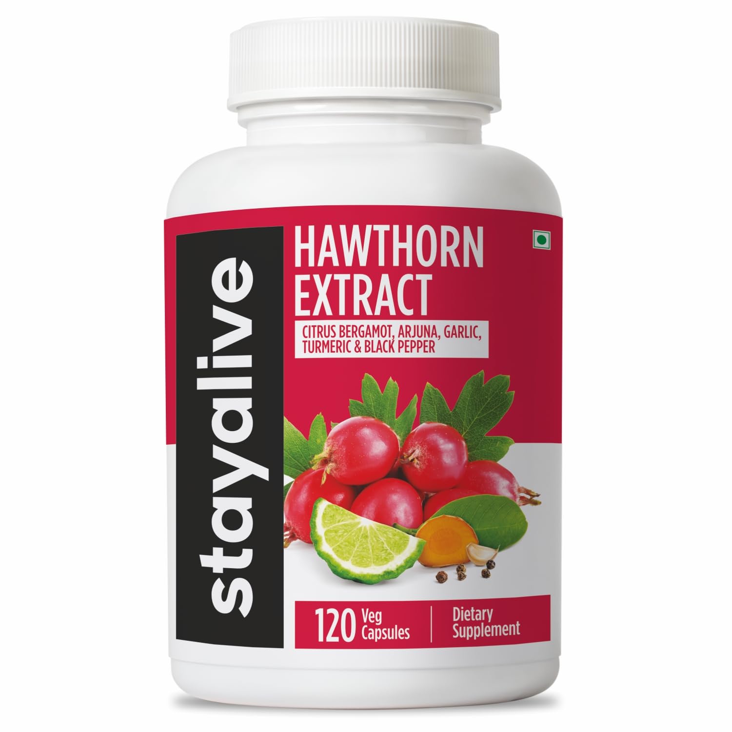 STAY ALIVE frasco frontal de Hawthorne Berry, presentación clara y confianza