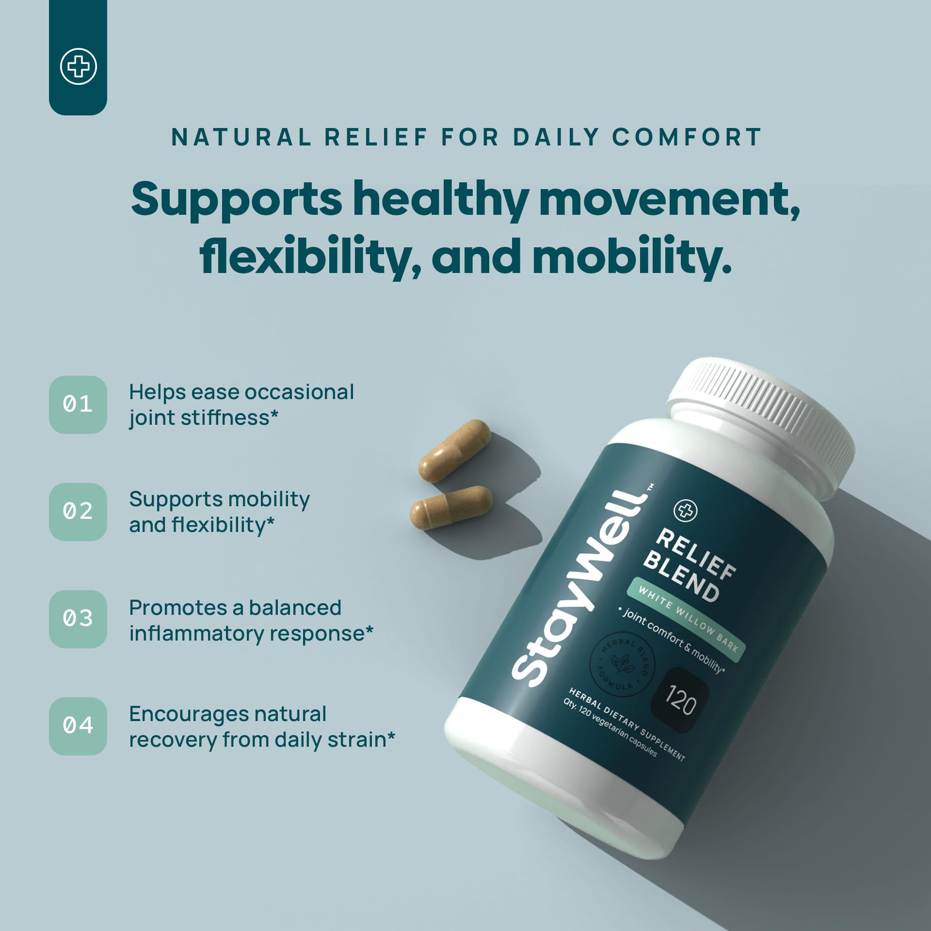 Stay-Well Naturals cápsulas alineadas que muestran formato y facilidad de toma