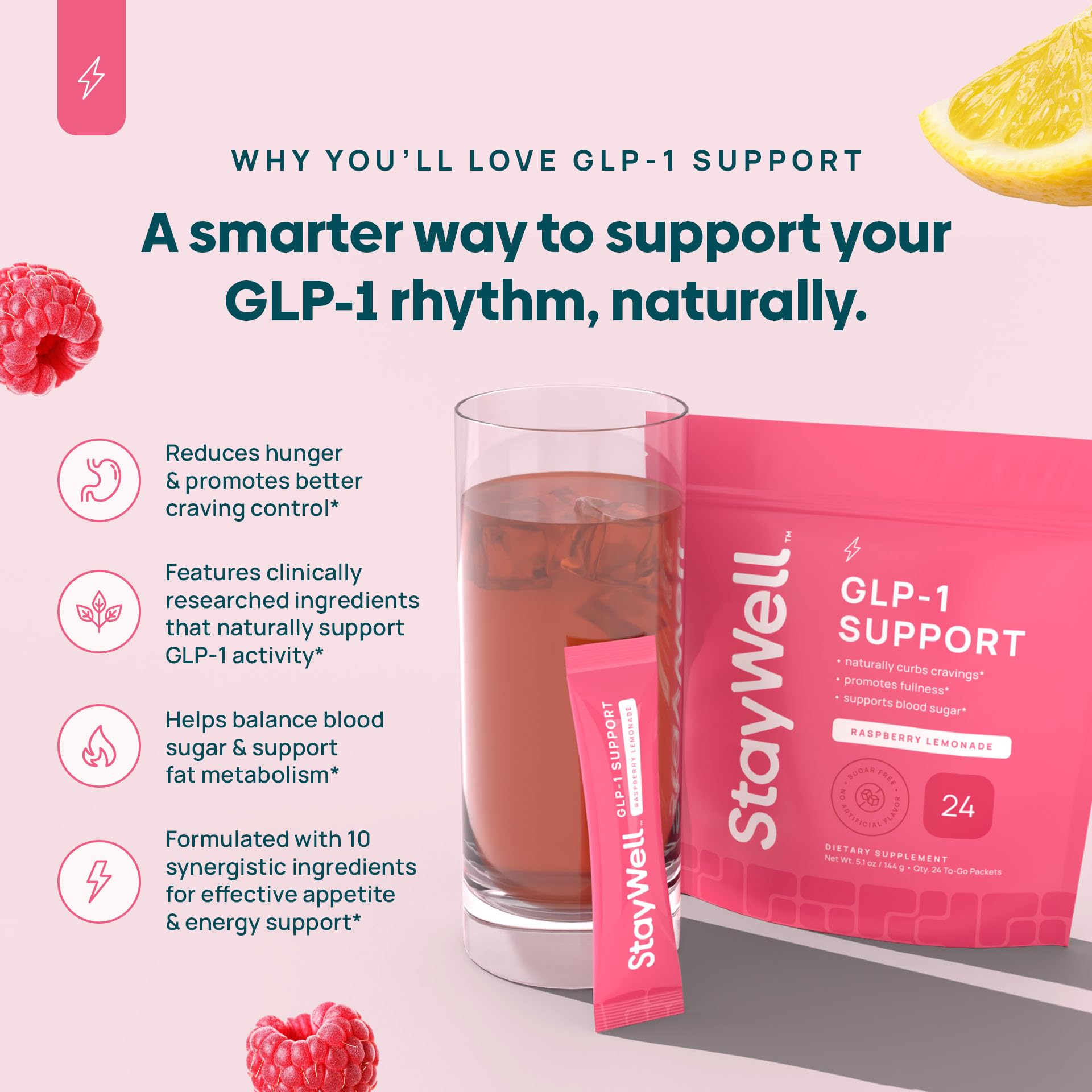 Stay-Well Naturals bebida preparada en vaso con hielo ofreciendo hidratación y control del apetito