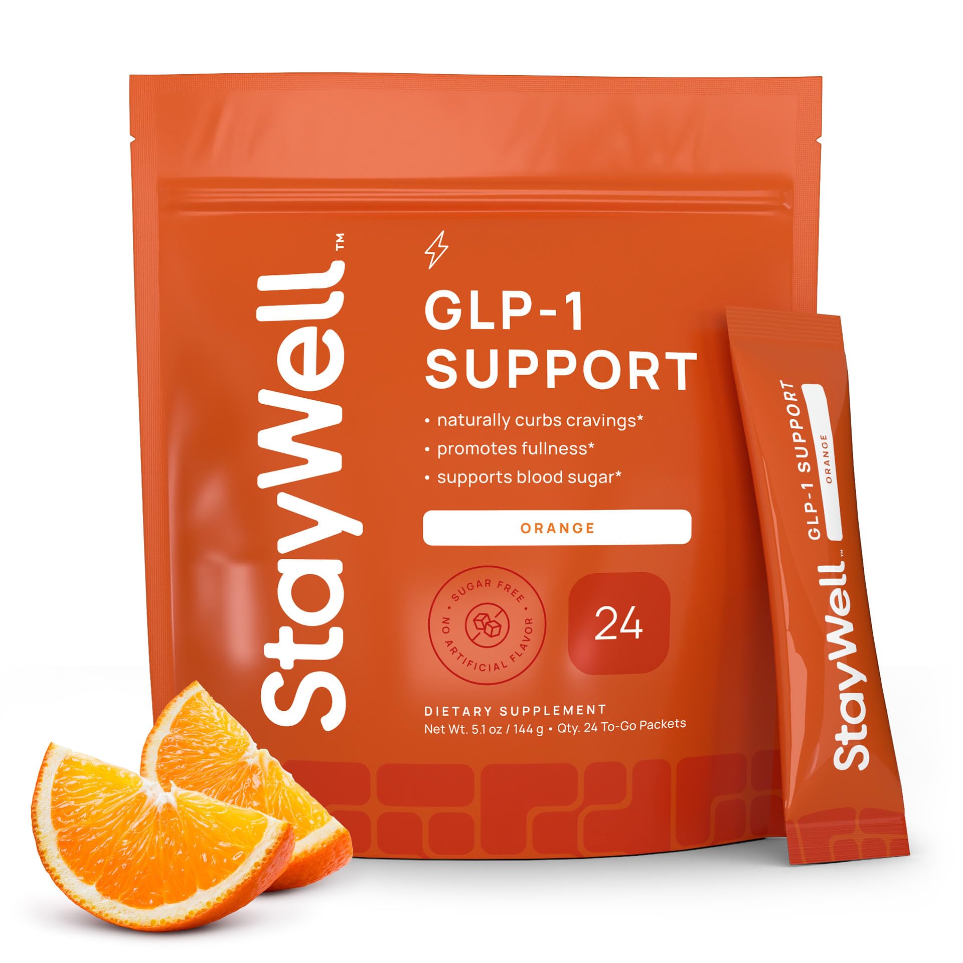 Stay-Well Naturals envase frontal naranja mostrando la marca y beneficios