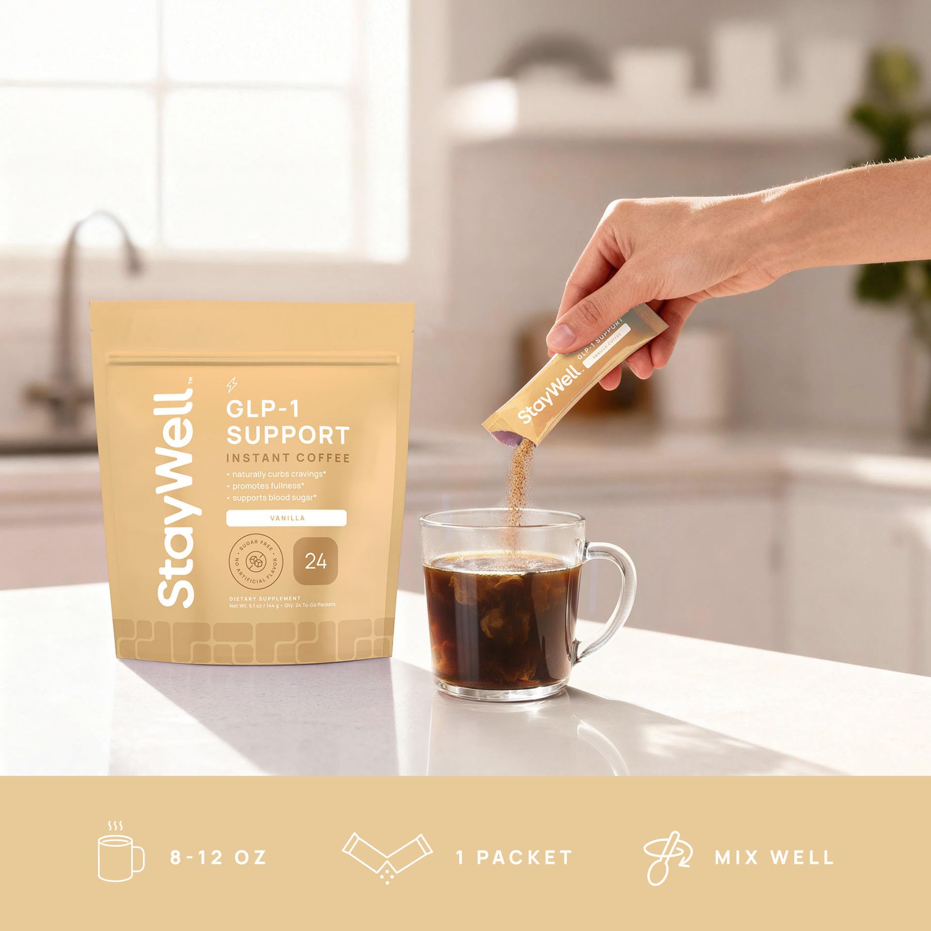 Escena de desayuno con Slim Coffee GLP-1 Stay-Well Naturals en mesa