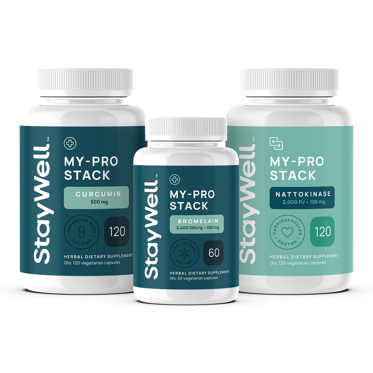 Stay-Well Naturals frascos frontales mostrando el conjunto de 3 y facilidad de uso