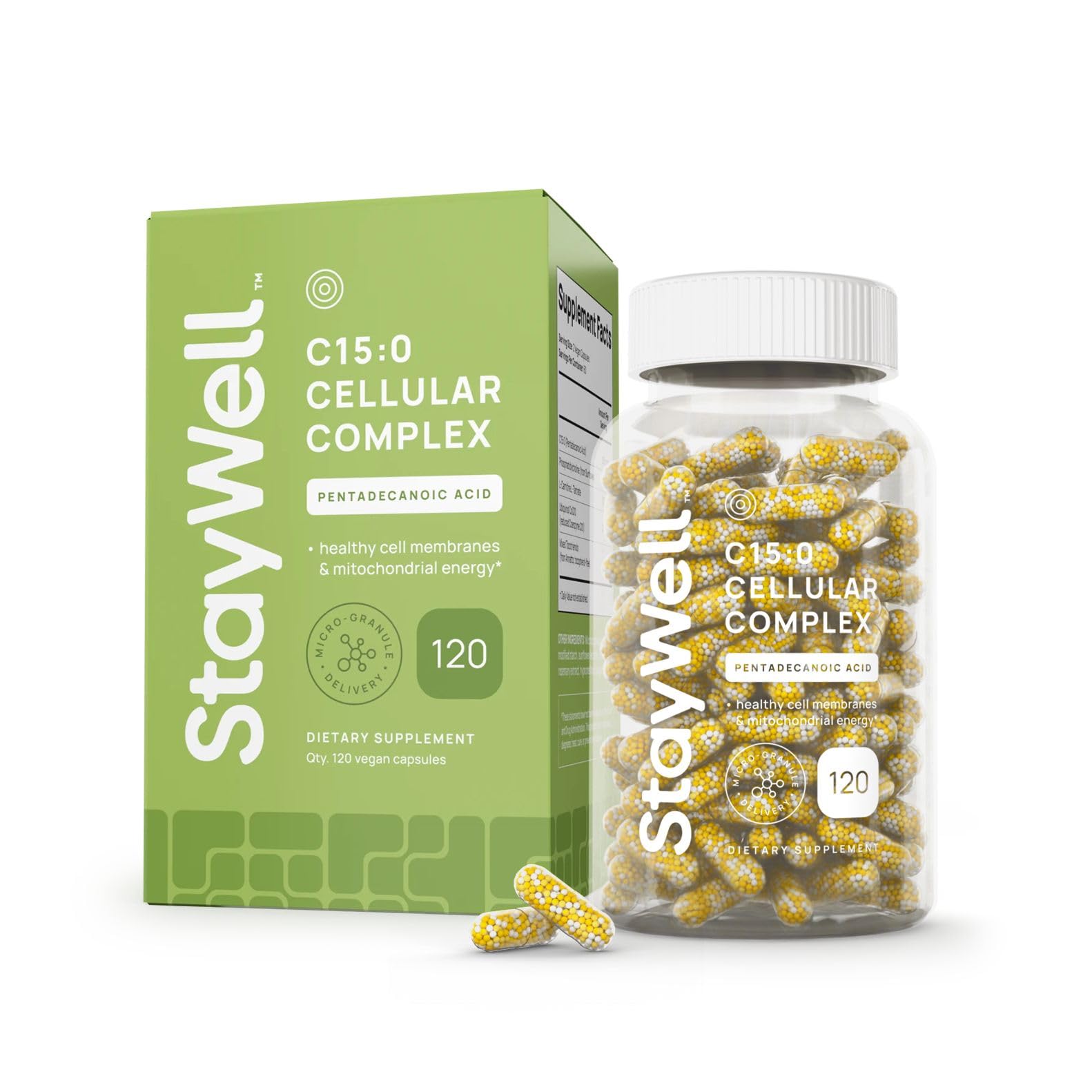 Stay-Well Naturals frente del empaque mostrando fórmula C15:0 y beneficios