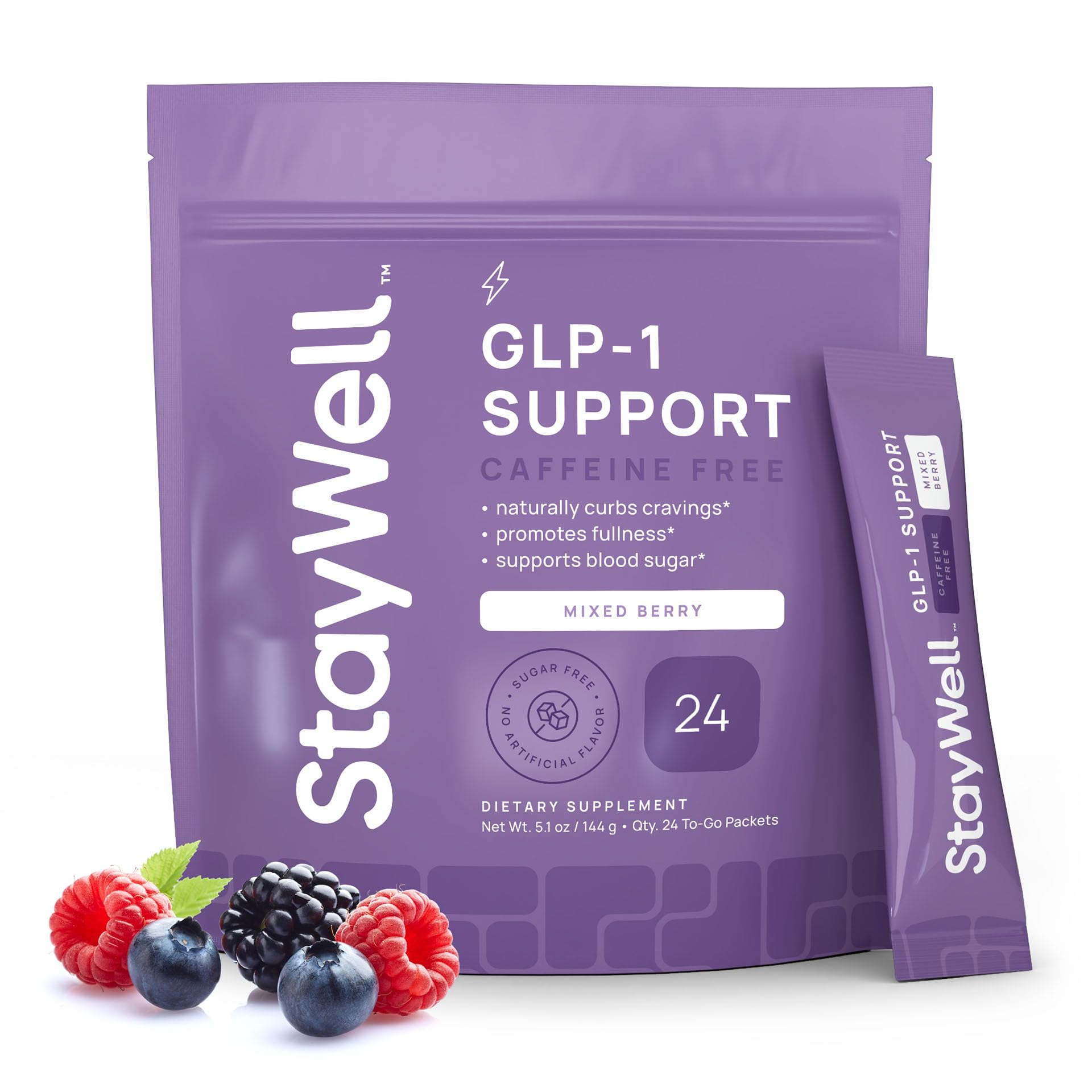 Envase de Stay-Well Naturals GLP-1 Booster frontal mostrando etiqueta clara y beneficios