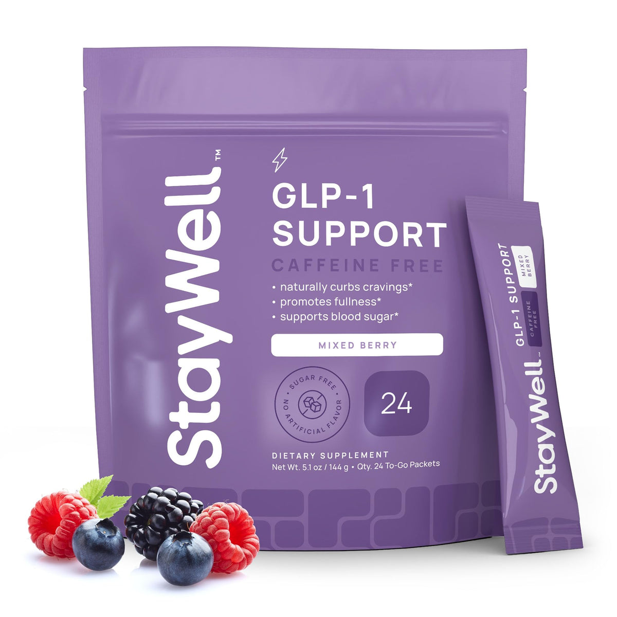 Envase de Stay-Well Naturals GLP-1 Booster frontal mostrando etiqueta clara y beneficios