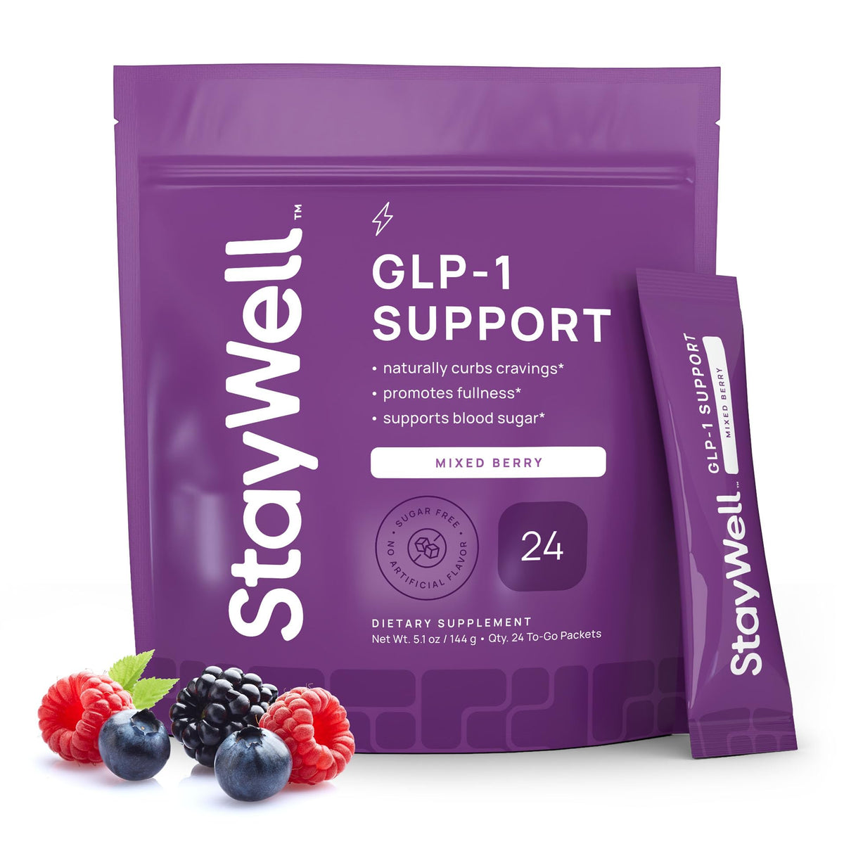Stay-Well Naturals envase frontal mostrando sabor Mixed Berry y beneficio control apetito
