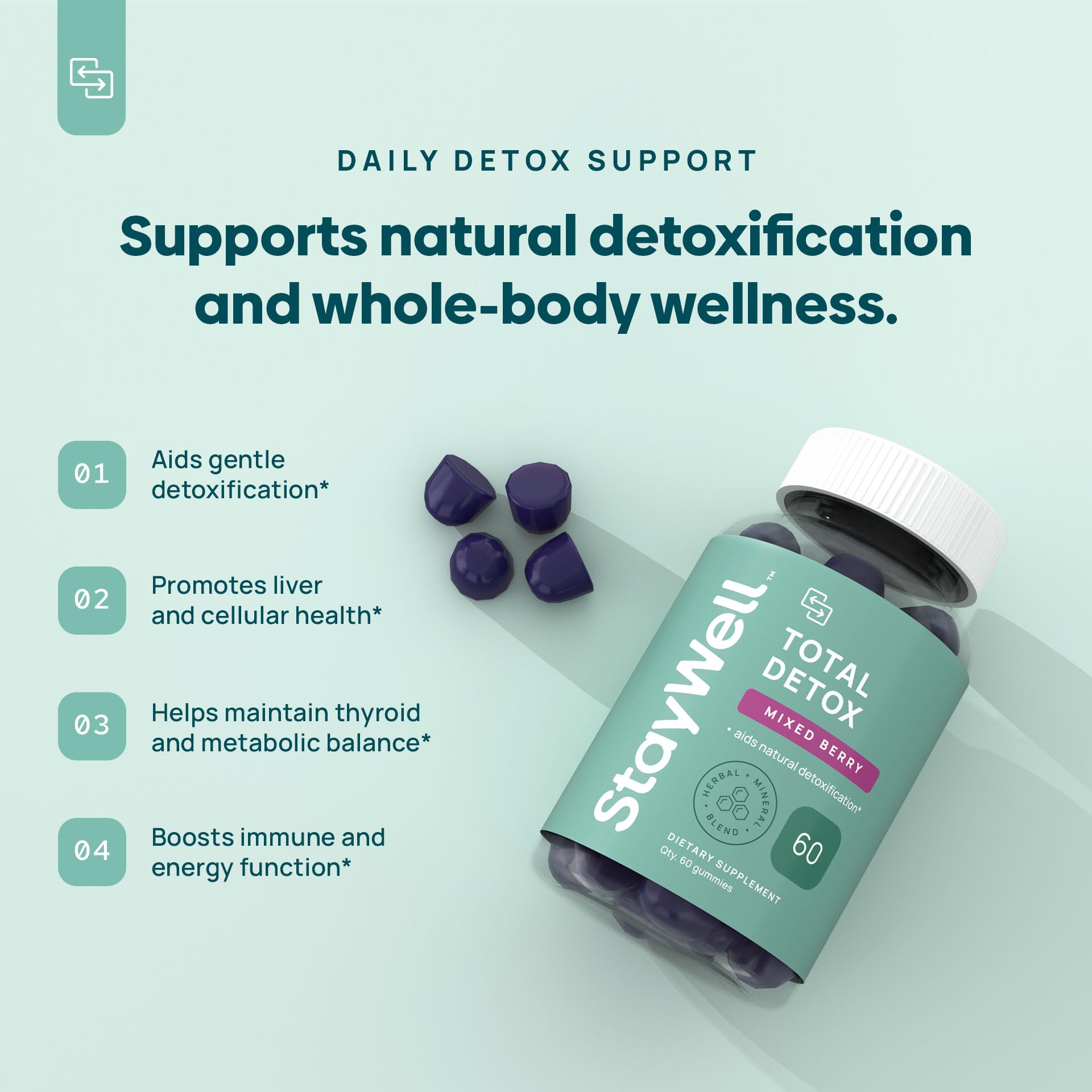 Primer plano de textura gomosa de Total Detox, Stay-Well Naturals, fácil masticación