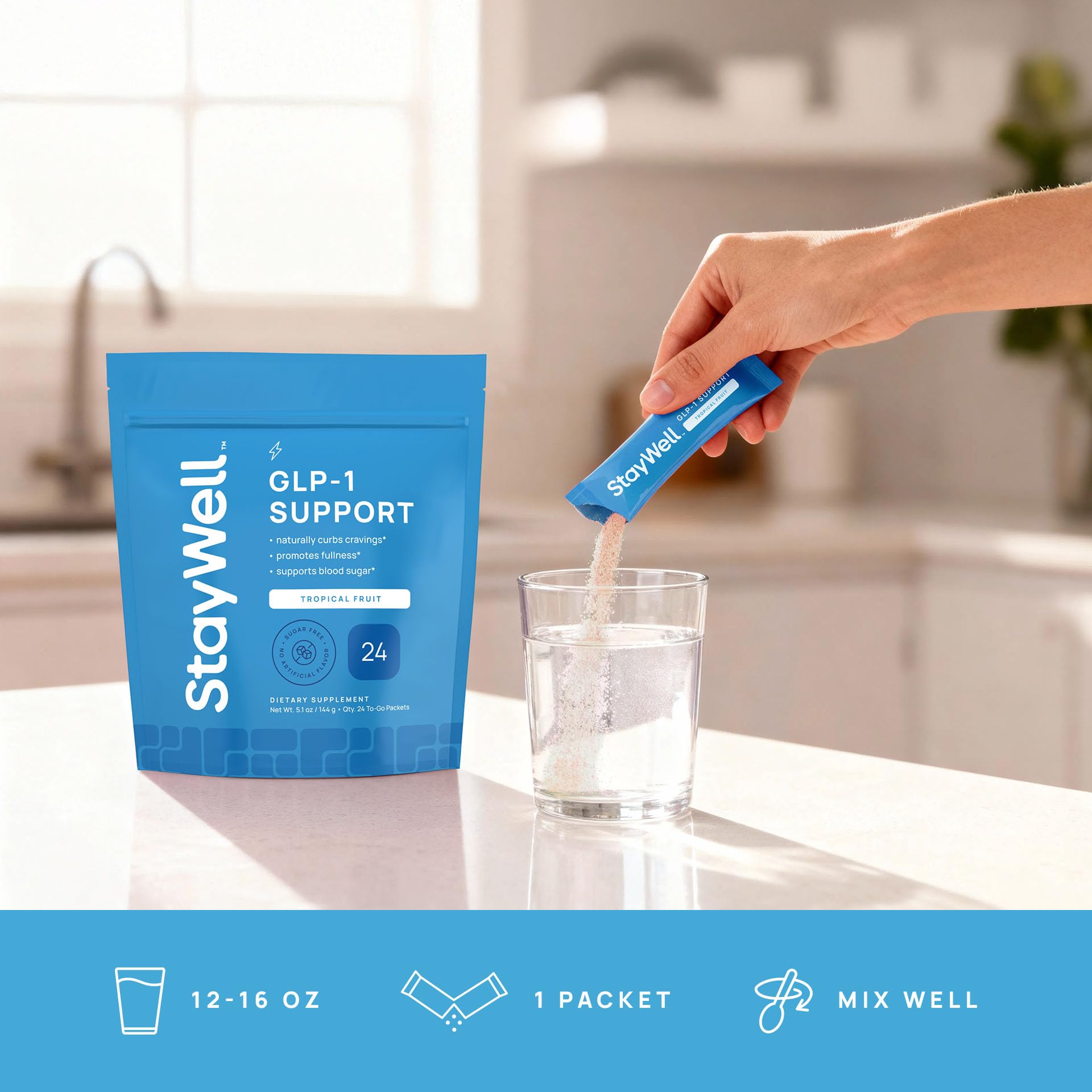 Stay-Well Naturals bebida usada en una cocina saludable como apoyo al estilo de vida