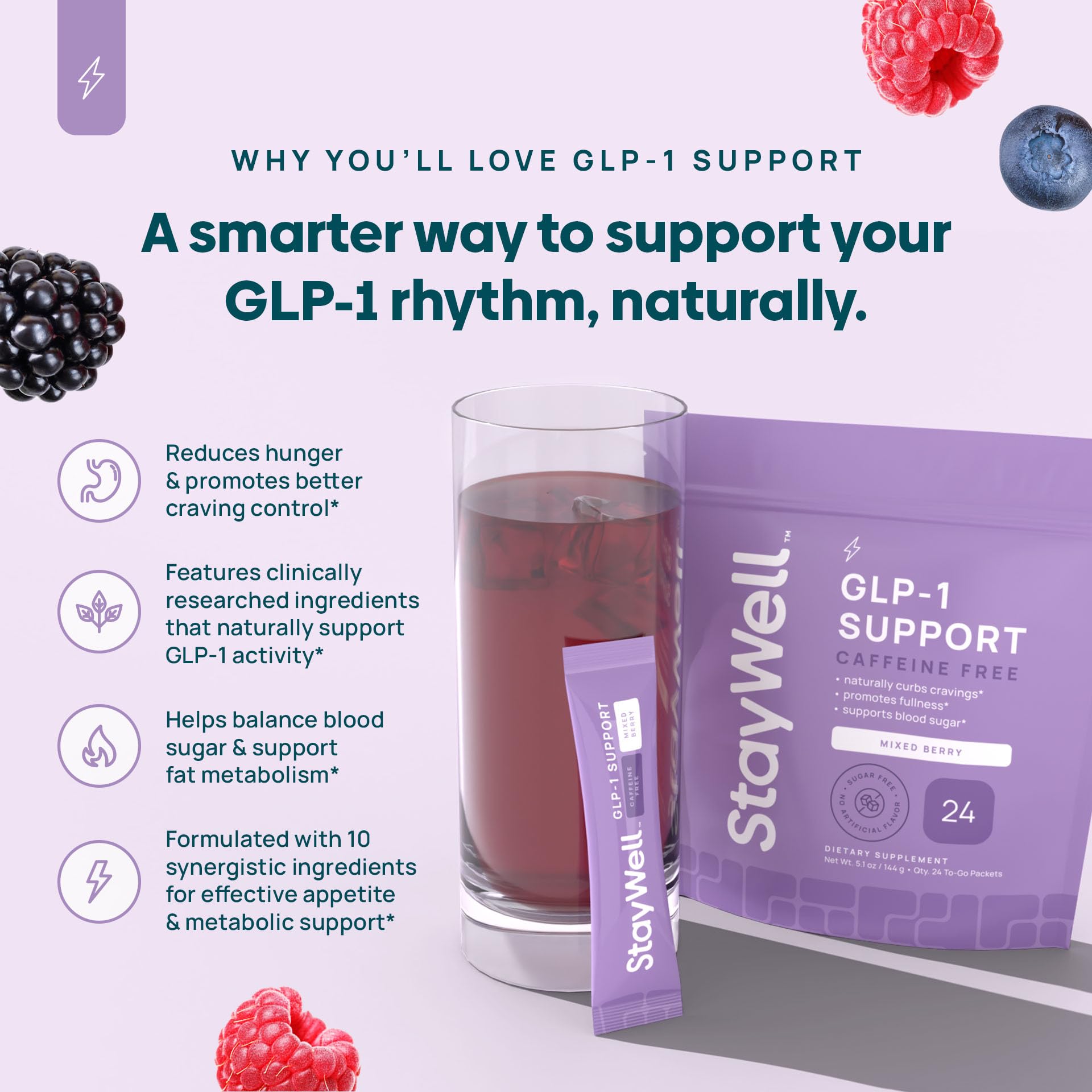 Vaso preparado de Stay-Well Naturals sabor frutos rojos listo para beber sin cafeína