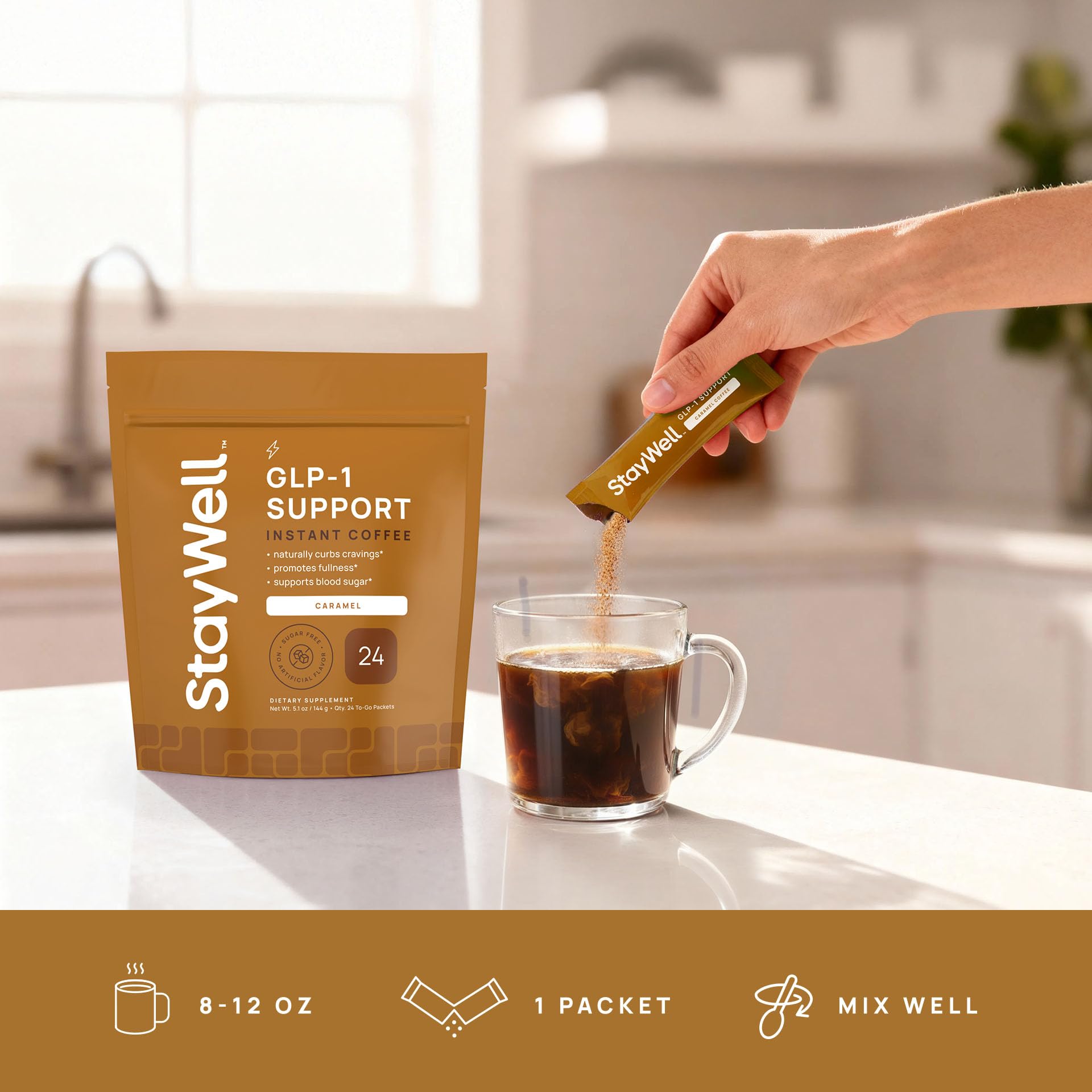 Escena matutina con Slim Coffee Stay-Well Naturals en una mesa para apoyar la rutina diaria de bienestar