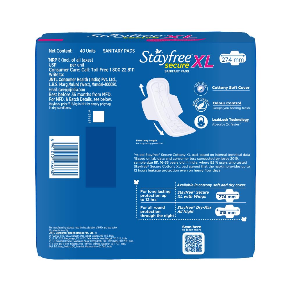 Stayfree compresa extralarga desplegada mostrando cobertura ampliada y confort