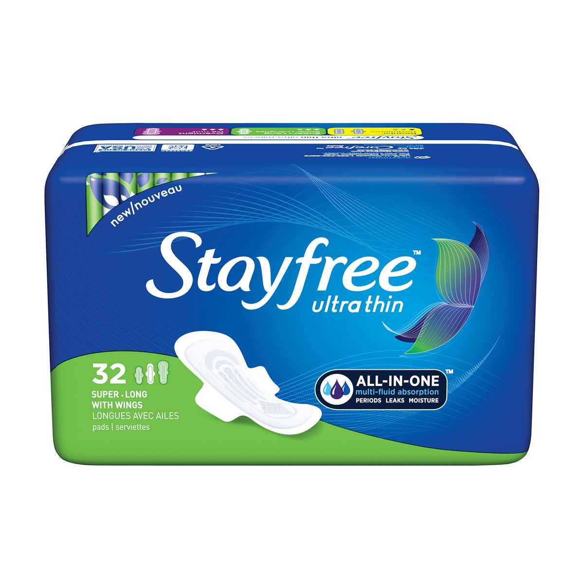 Stayfree empaque frontal mostrando 32 unidades y beneficio de protección