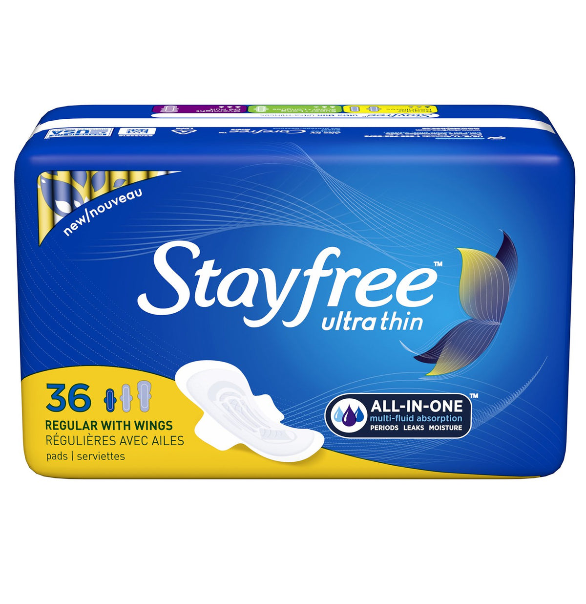 Stayfree empaque frontal mostrando diseño y cantidad, protección inmediata