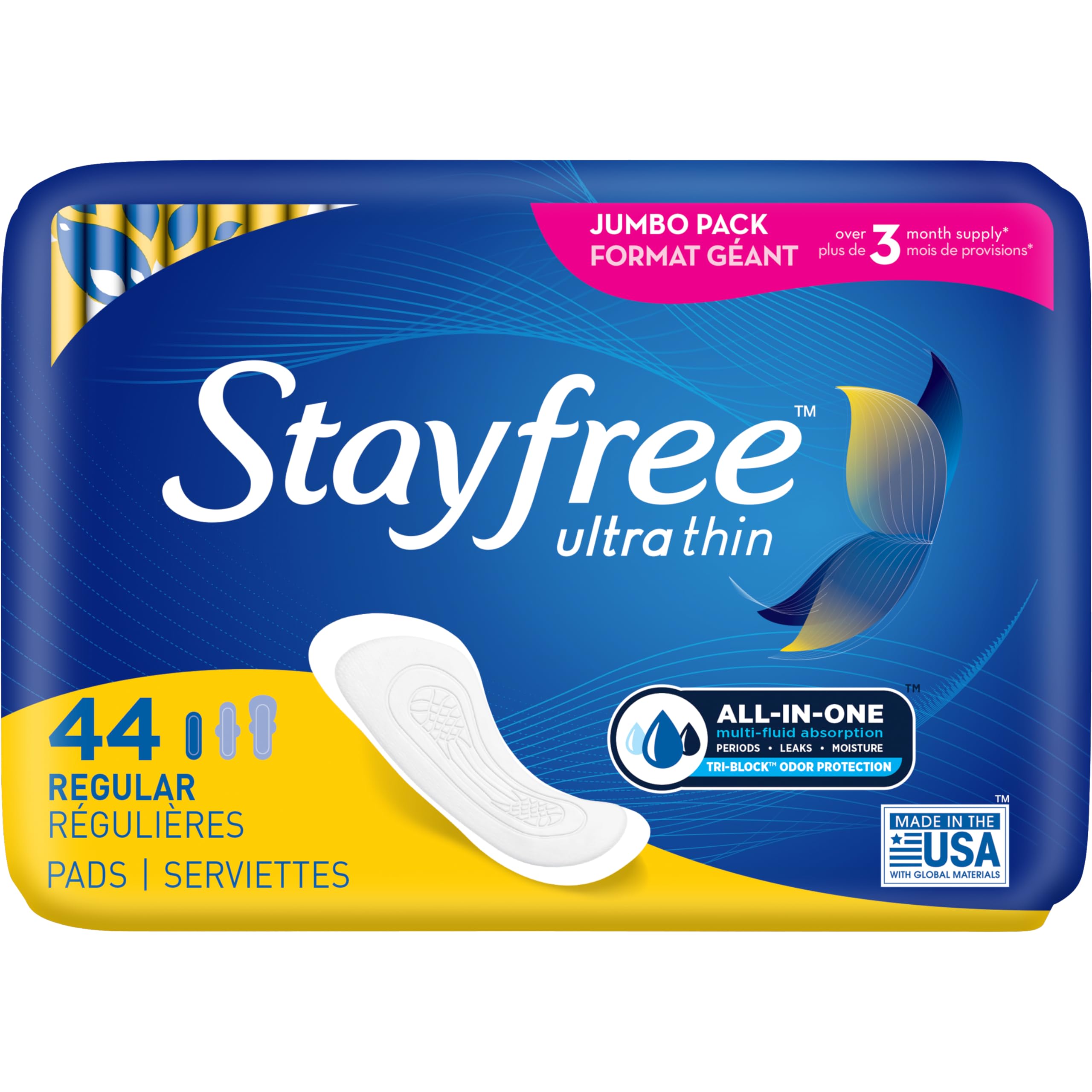 Stayfree etiqueta con iconos de características resaltando absorción y neutralización de olores