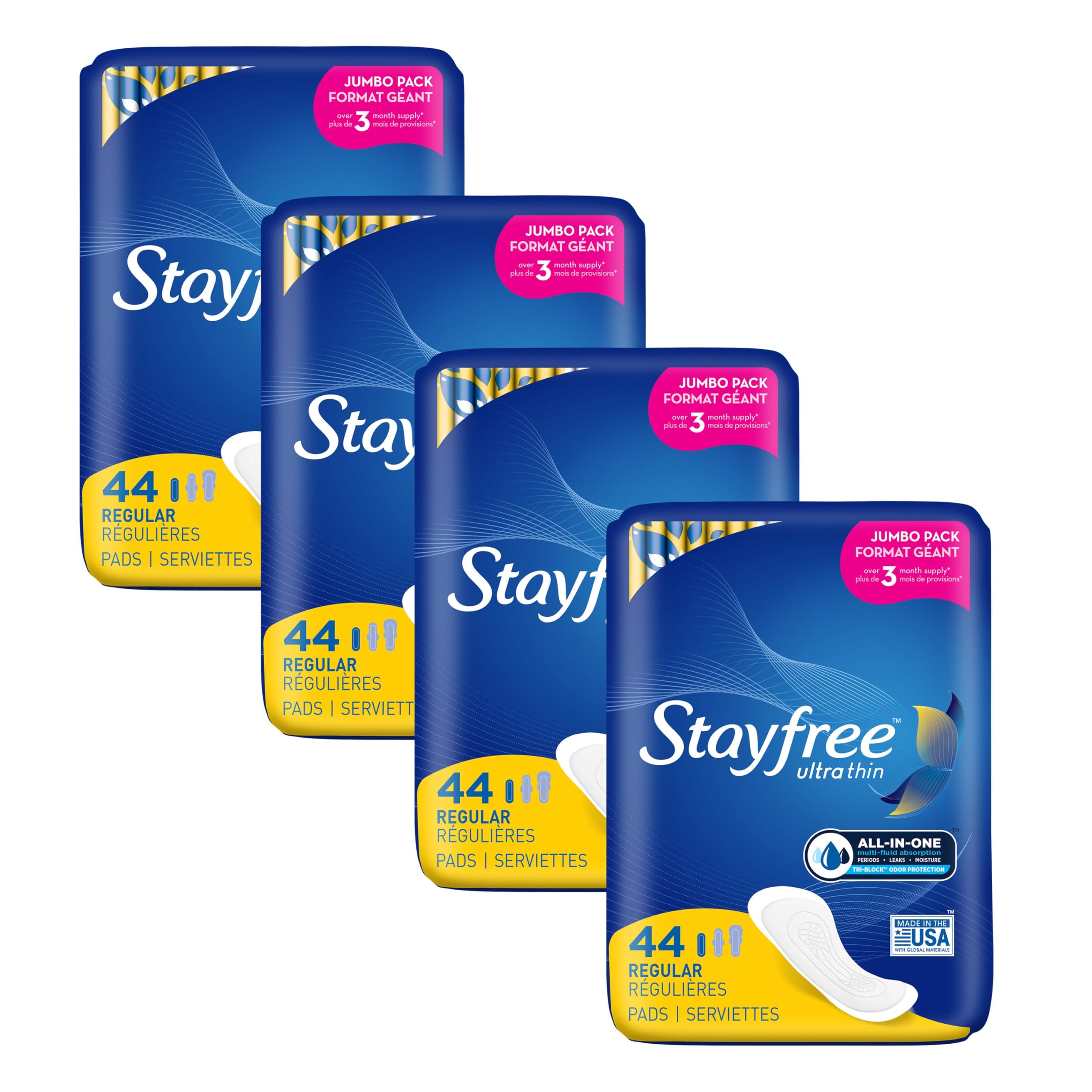 Stayfree paquete frontal mostrando 44 unidades y beneficio de protección confiable
