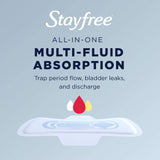 Stayfree perfil del paquete que indica delgadez y portabilidad