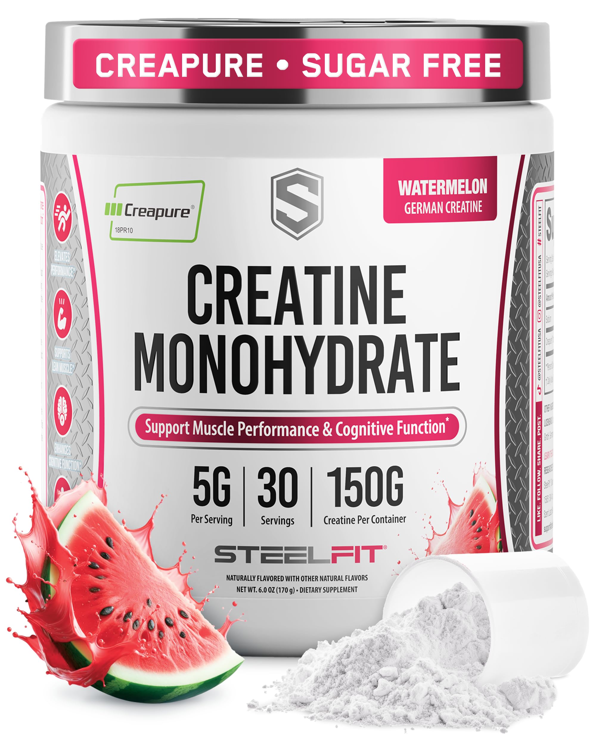 SteelFit envase frontal con Creapure sabor Watermelon y claridad de marca