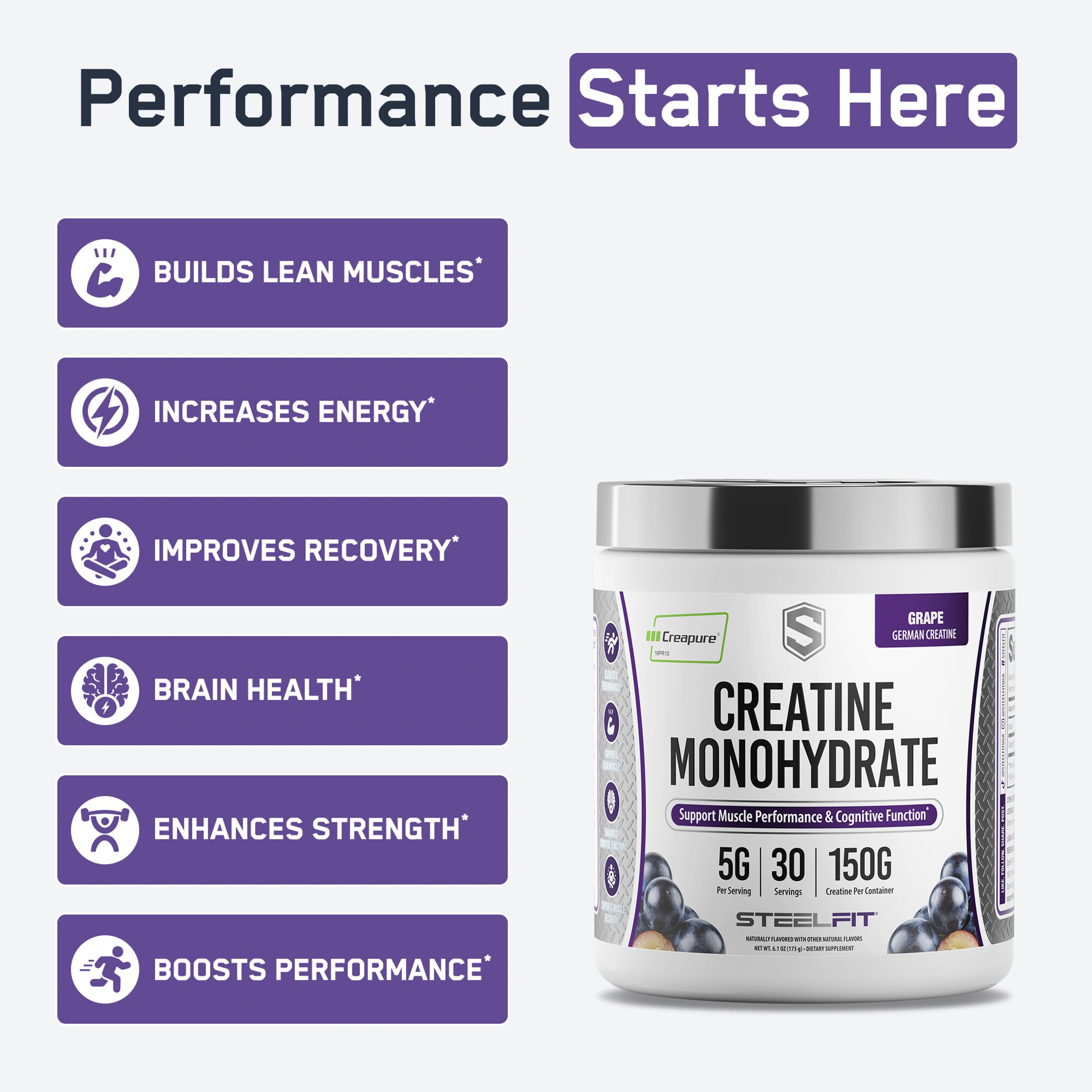 Polvo Creapure visto de cerca mostrando textura fina y pureza SteelFit
