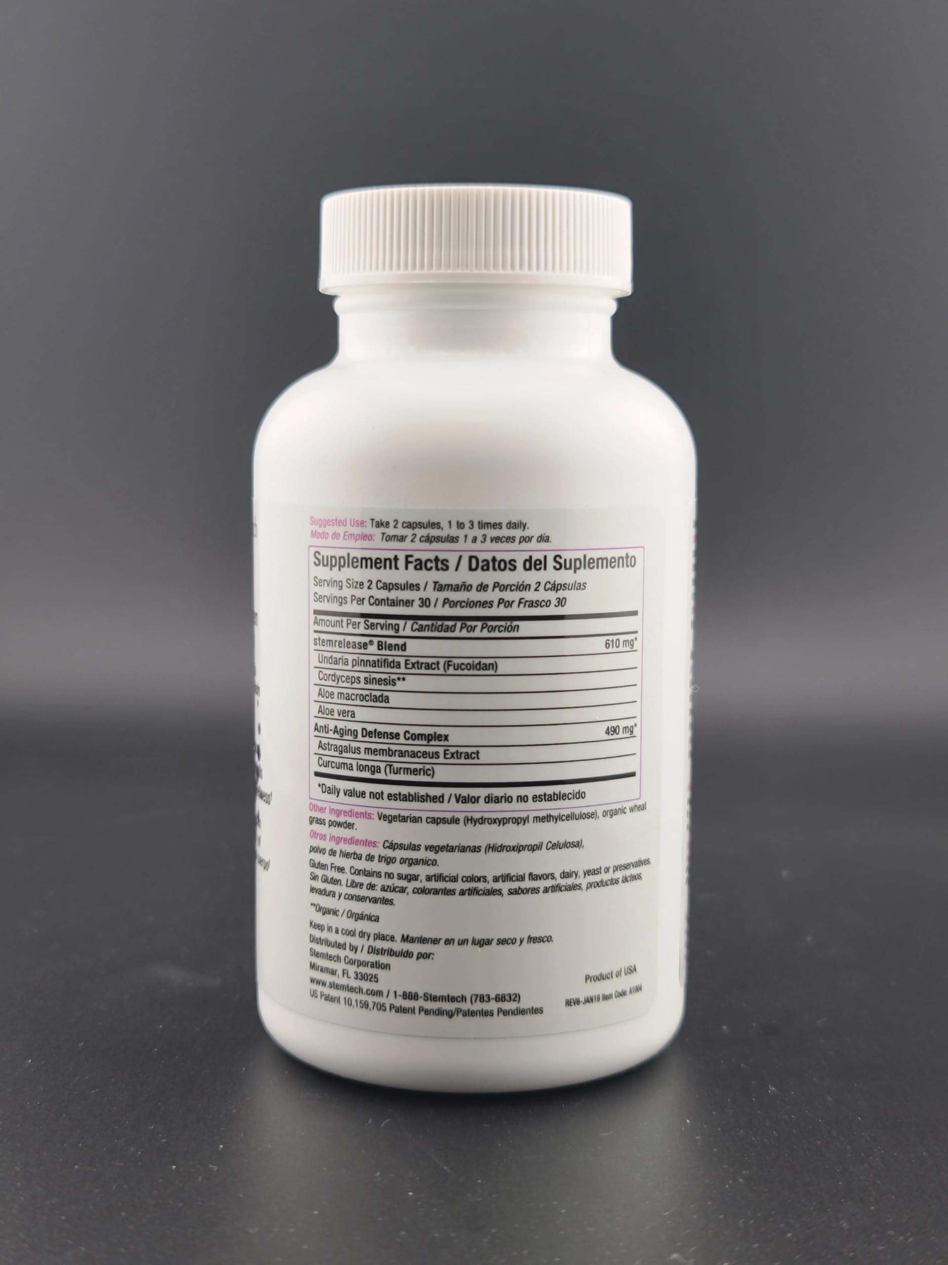 StemTech Stemrelease3 botella abierta con cápsulas dispersas para visión del contenido