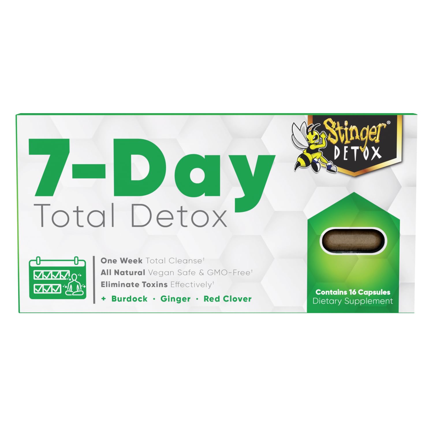 Stinger Detox cápsulas en primer plano que ilustran textura y pureza