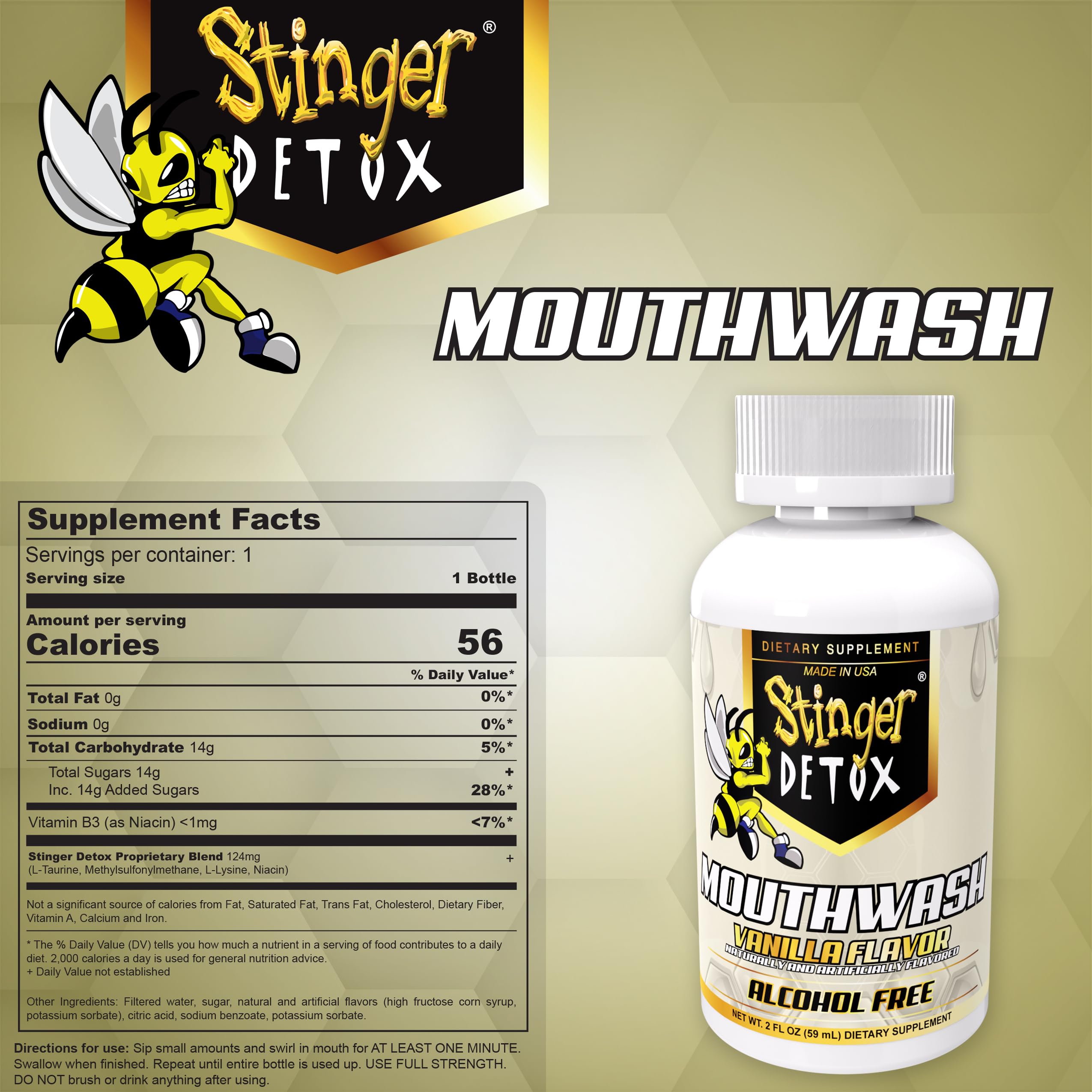 Stinger Detox etiqueta de ingredientes, lista clara de aminoácidos y vitaminas