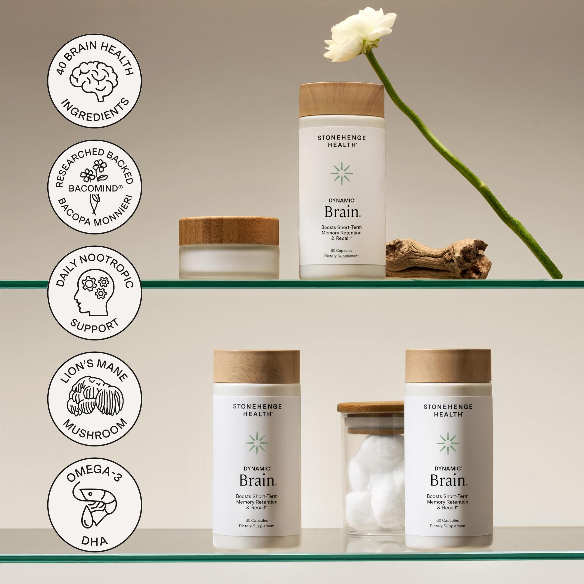 Stonehenge Health Dynamic Brain etiqueta nutricional enfocada en ingredientes clave
