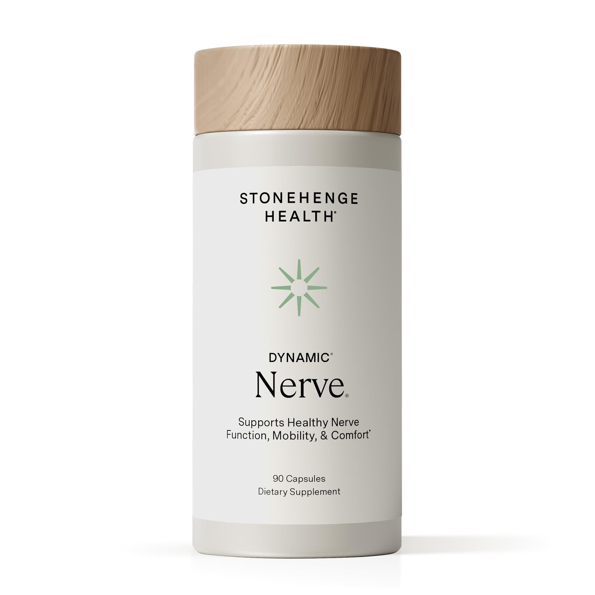 Stonehenge Health frasco frontal Dynamic Nerve mostrando dosis y beneficio