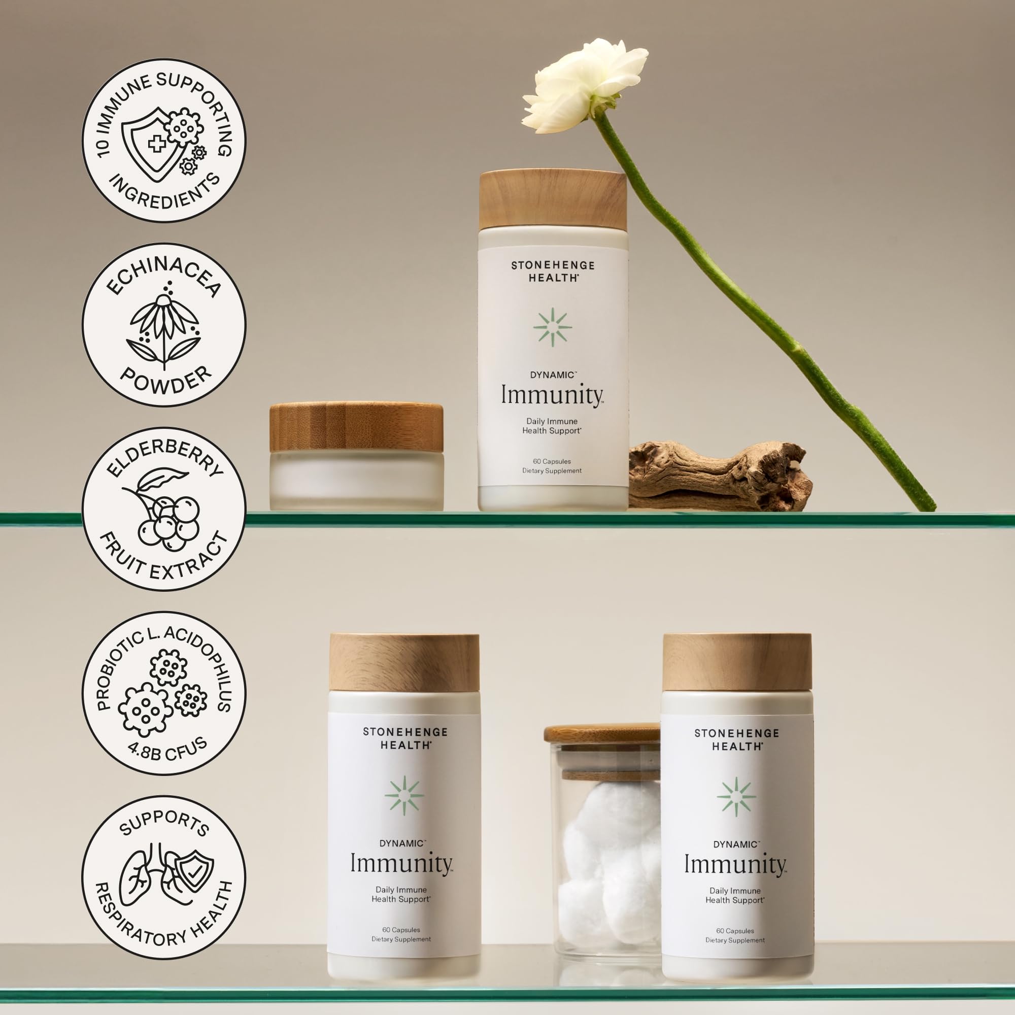 Stonehenge Health lista de ingredientes destacando probiótico y saúco