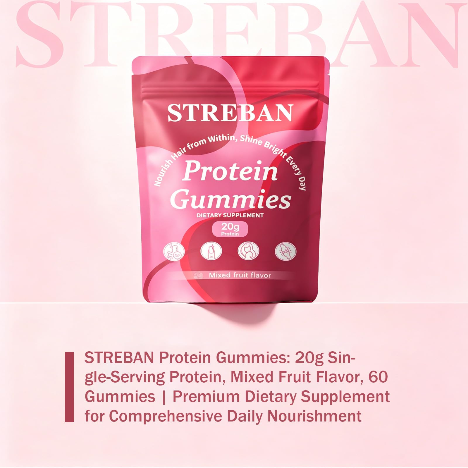STREBAN etiqueta nutricional enfocada que muestra 20 g de proteína por porción