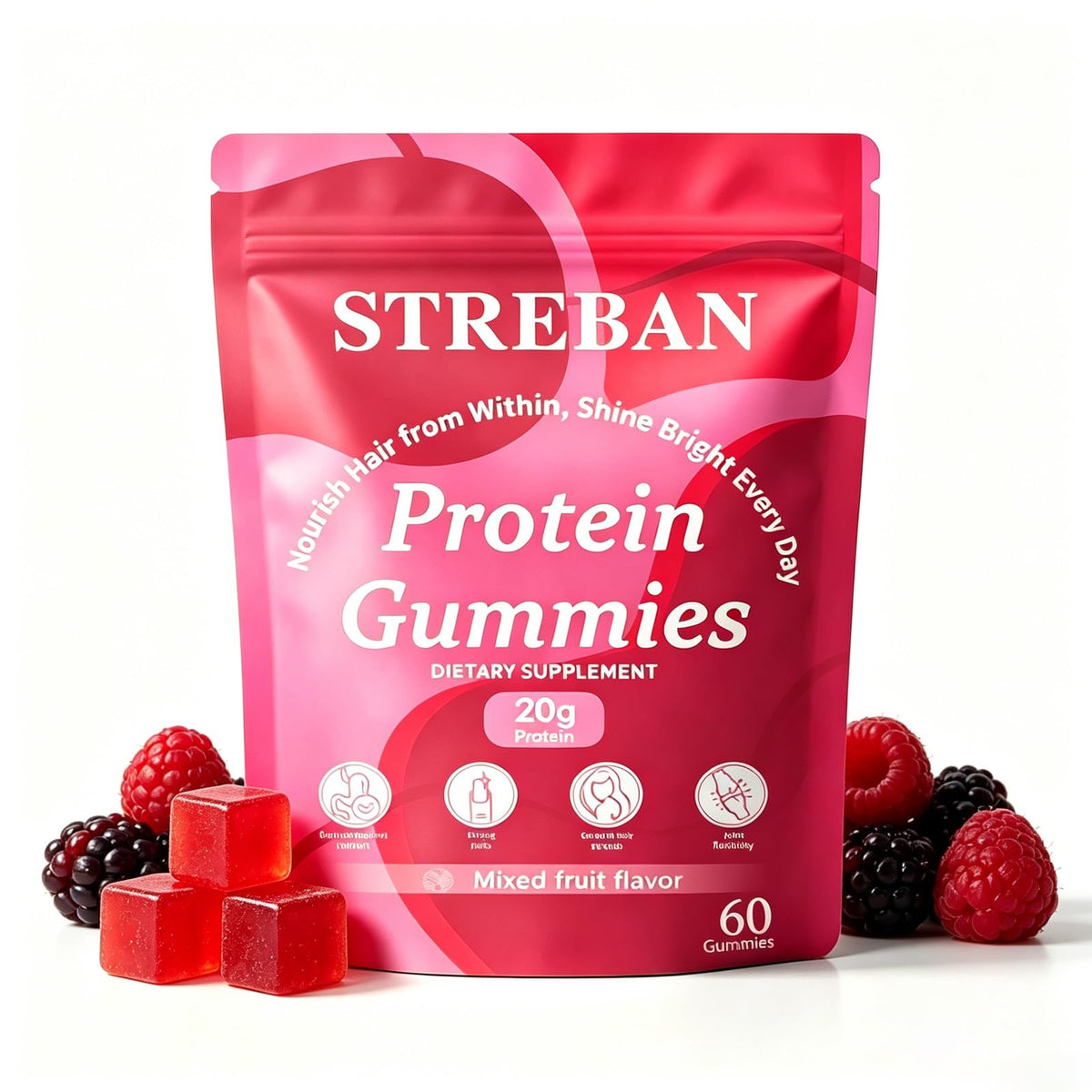 STREBAN gomitas frontal del envase mostrando diseño práctico y beneficio de proteína