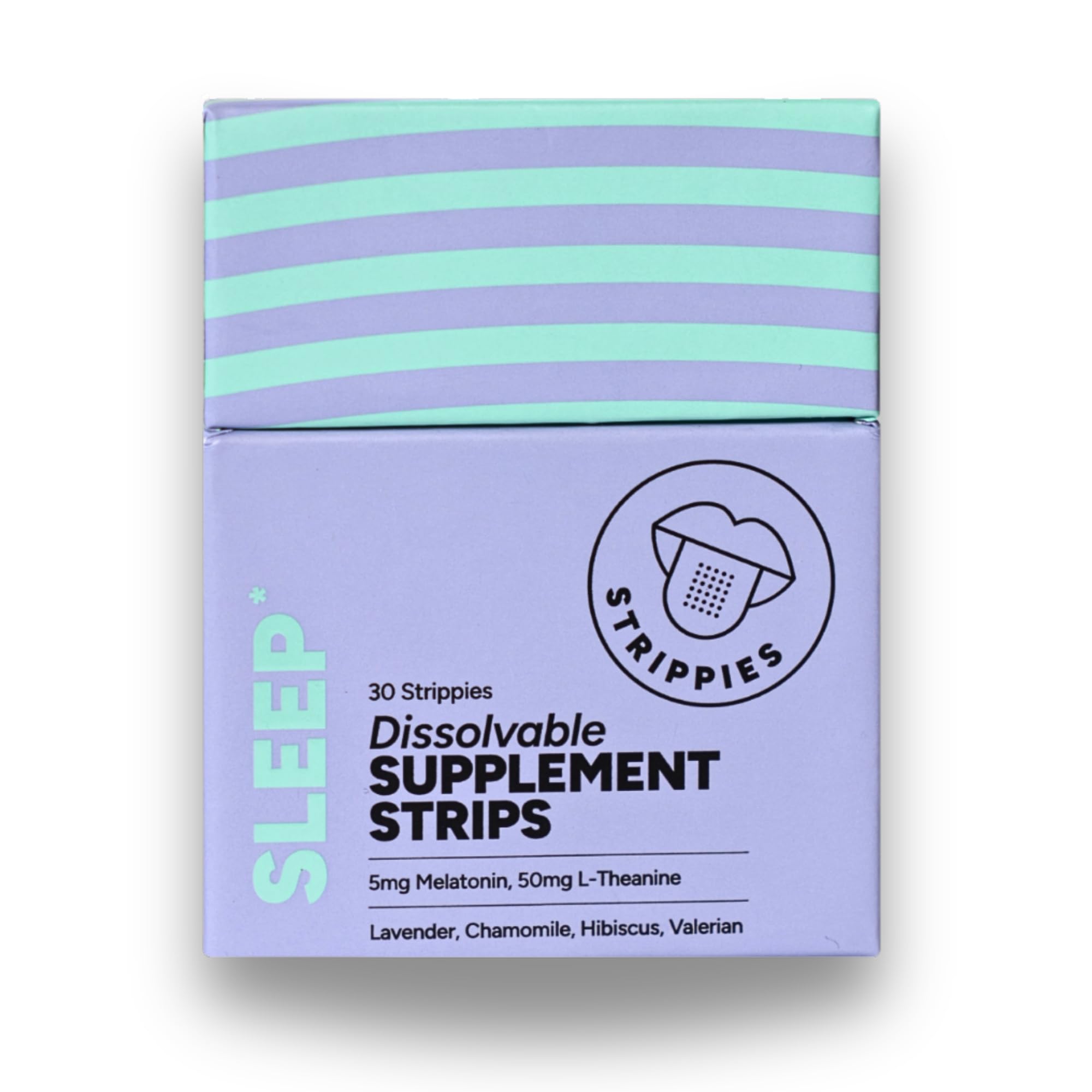 STRIPPIES empaque frontal mostrando 30 tiras y conveniencia para la noche
