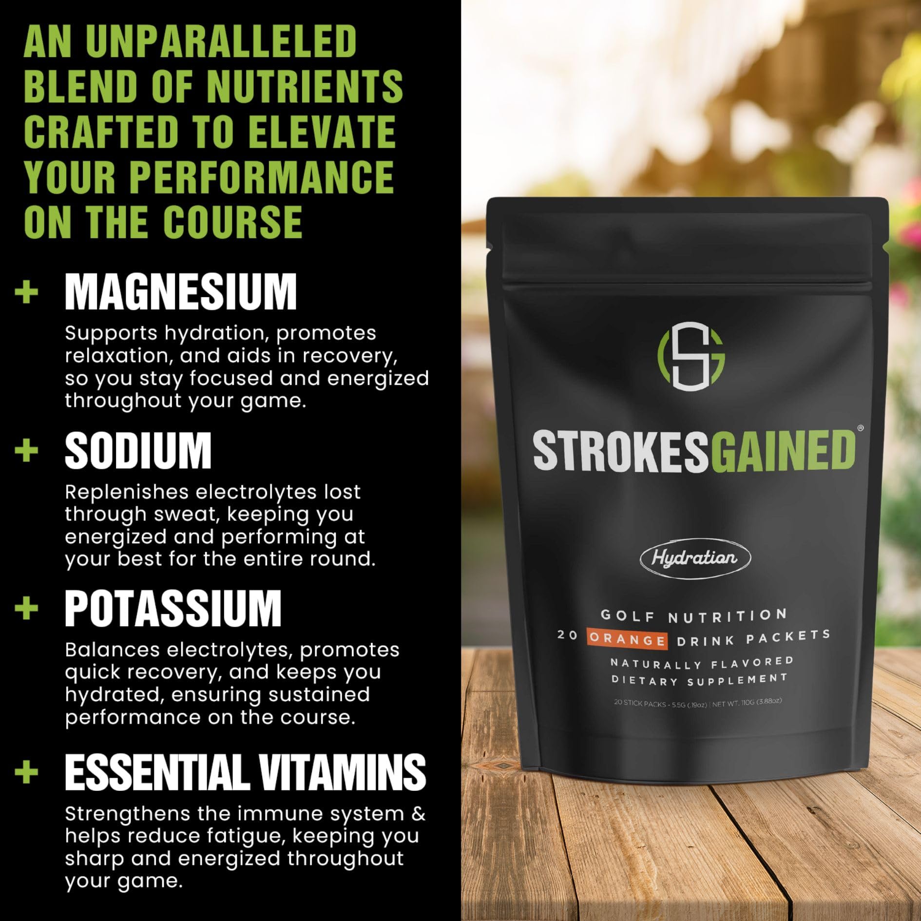 Strokes Gained etiqueta con ingredientes y beneficios visibles