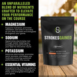 Strokes Gained etiqueta con ingredientes y beneficios visibles