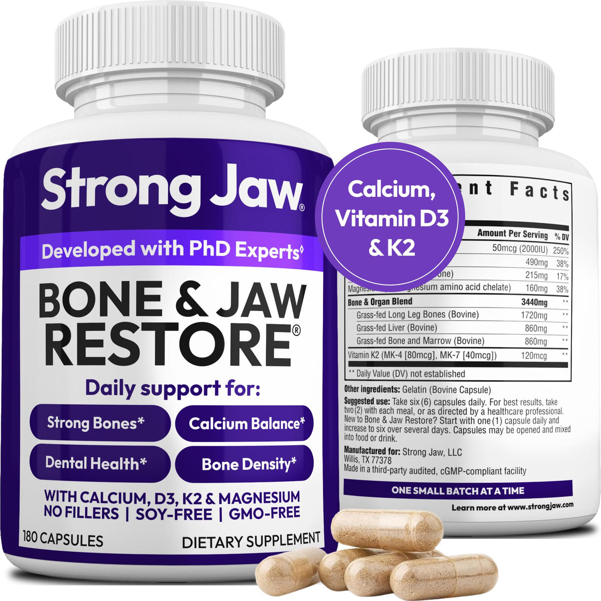 Strong Jaw frasco frontal mostrando 180 cápsulas y beneficio de suministro prolongado