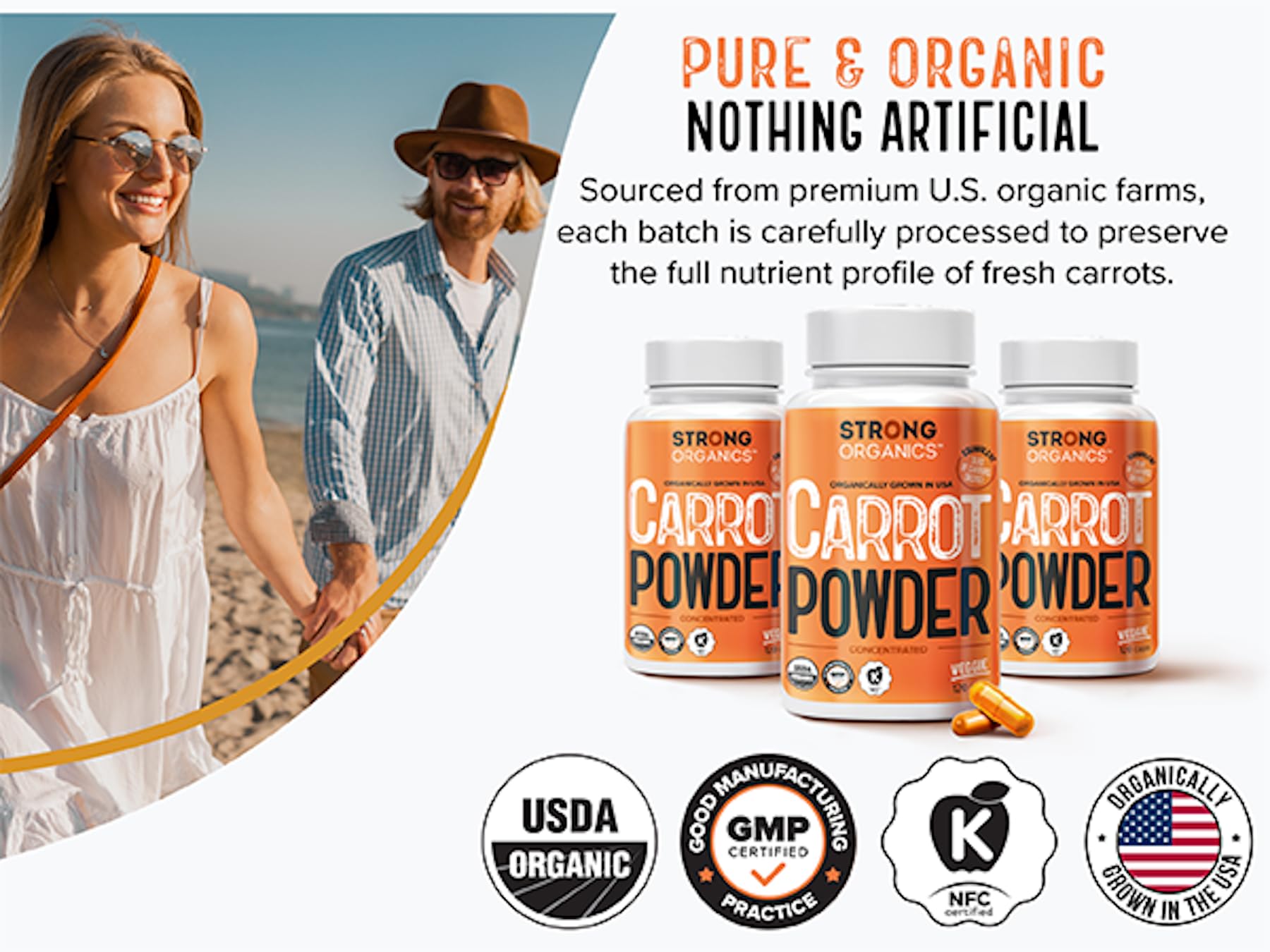 Strong Organics cápsulas apiladas indicando facilidad de consumo y transporte