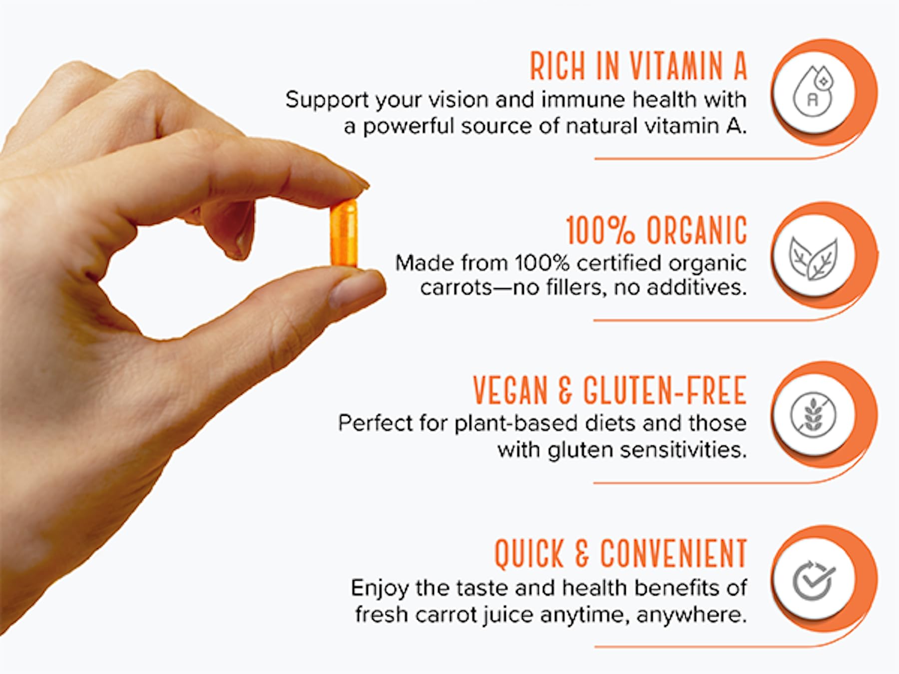 Strong Organics comparación de tamaño del frasco junto a una naranja para escala