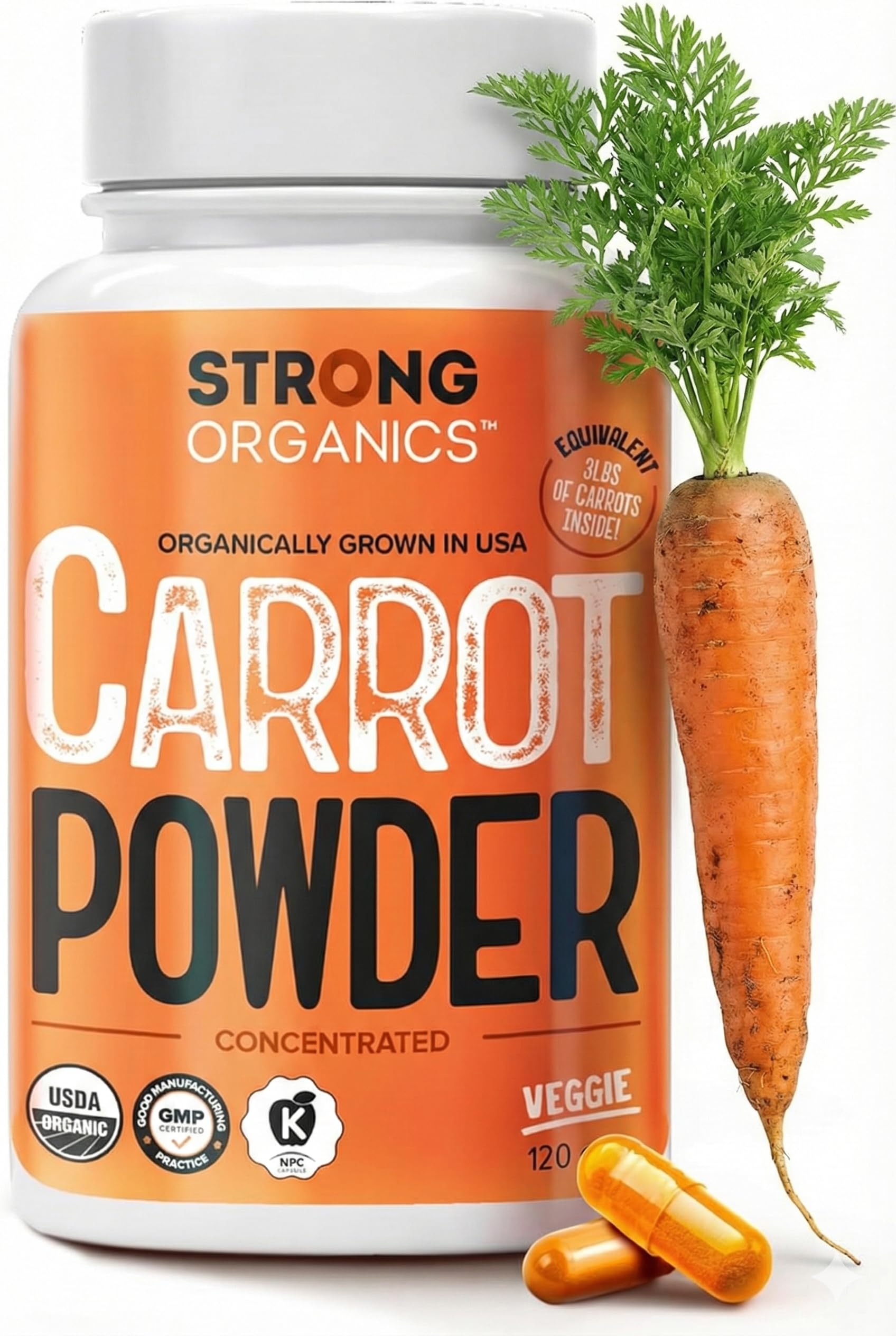 Strong Organics frasco frontal mostrando etiqueta orgánica y beneficio visual