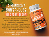 Strong Organics polvo de jugo de zanahoria en primer plano con textura concentrada