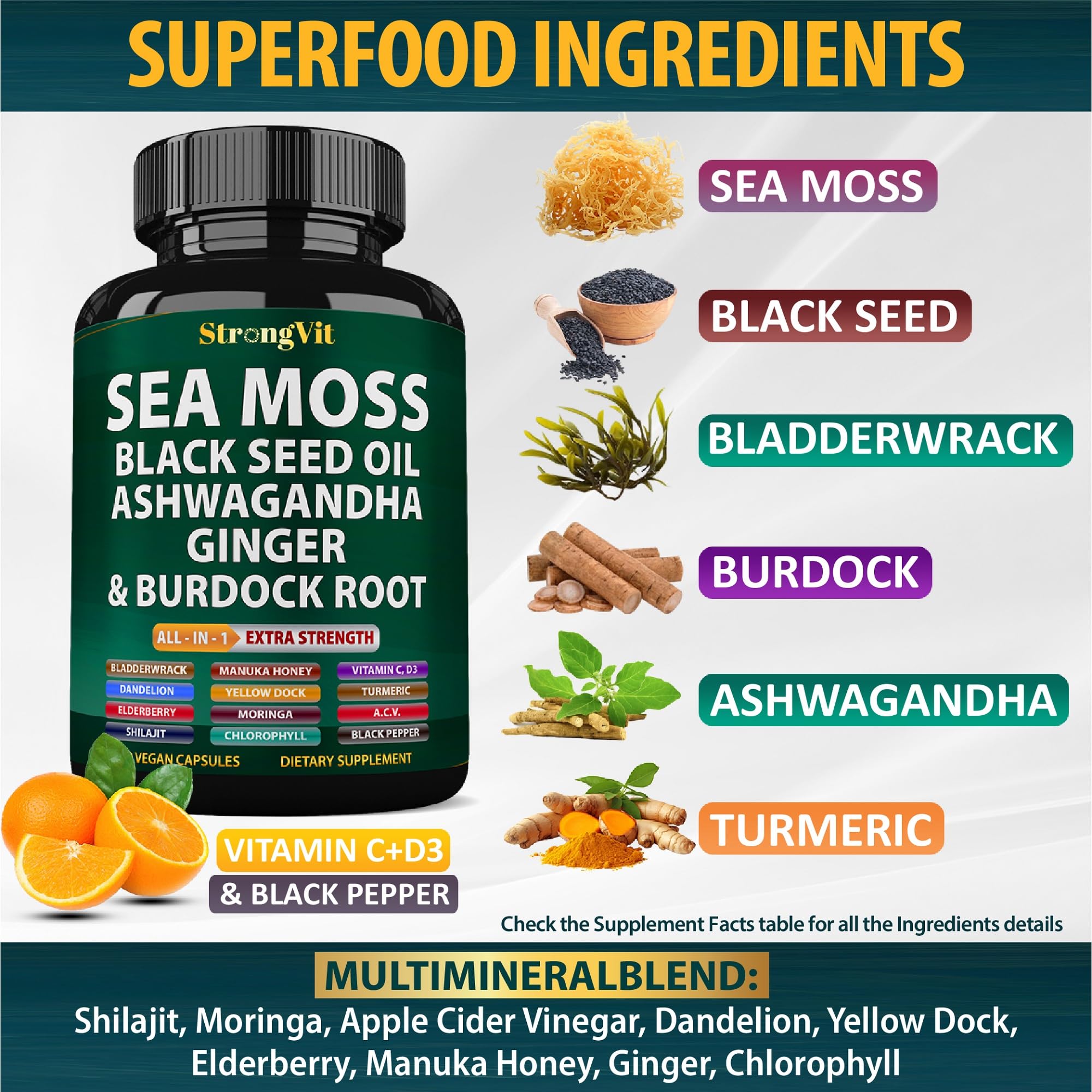 StrongVit detalle de etiqueta con lista de ingredientes y pureza