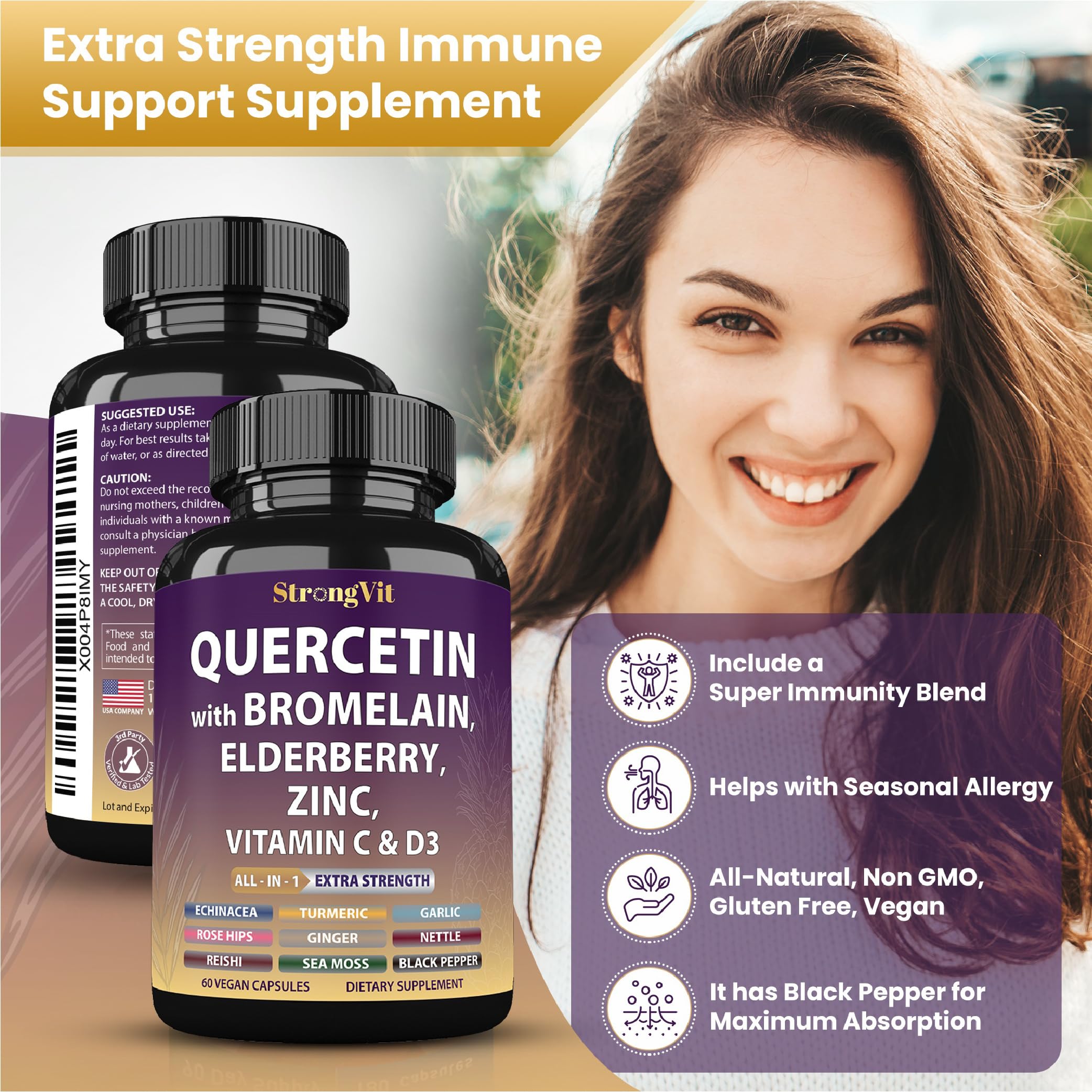Etiqueta nutricional de StrongVit que evidencia ingredientes y pruebas por terceros