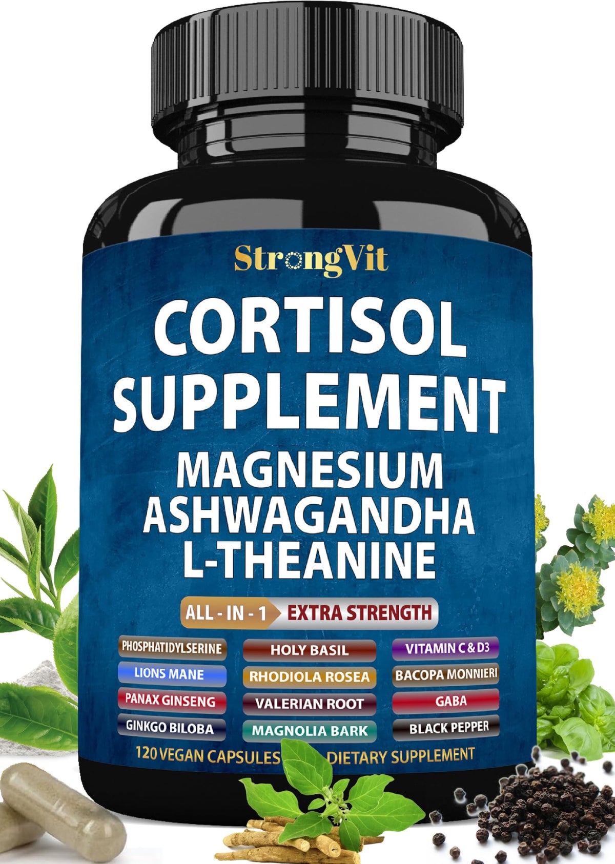 StrongVit envase frontal mostrando fórmula 16-en-1 para control del cortisol
