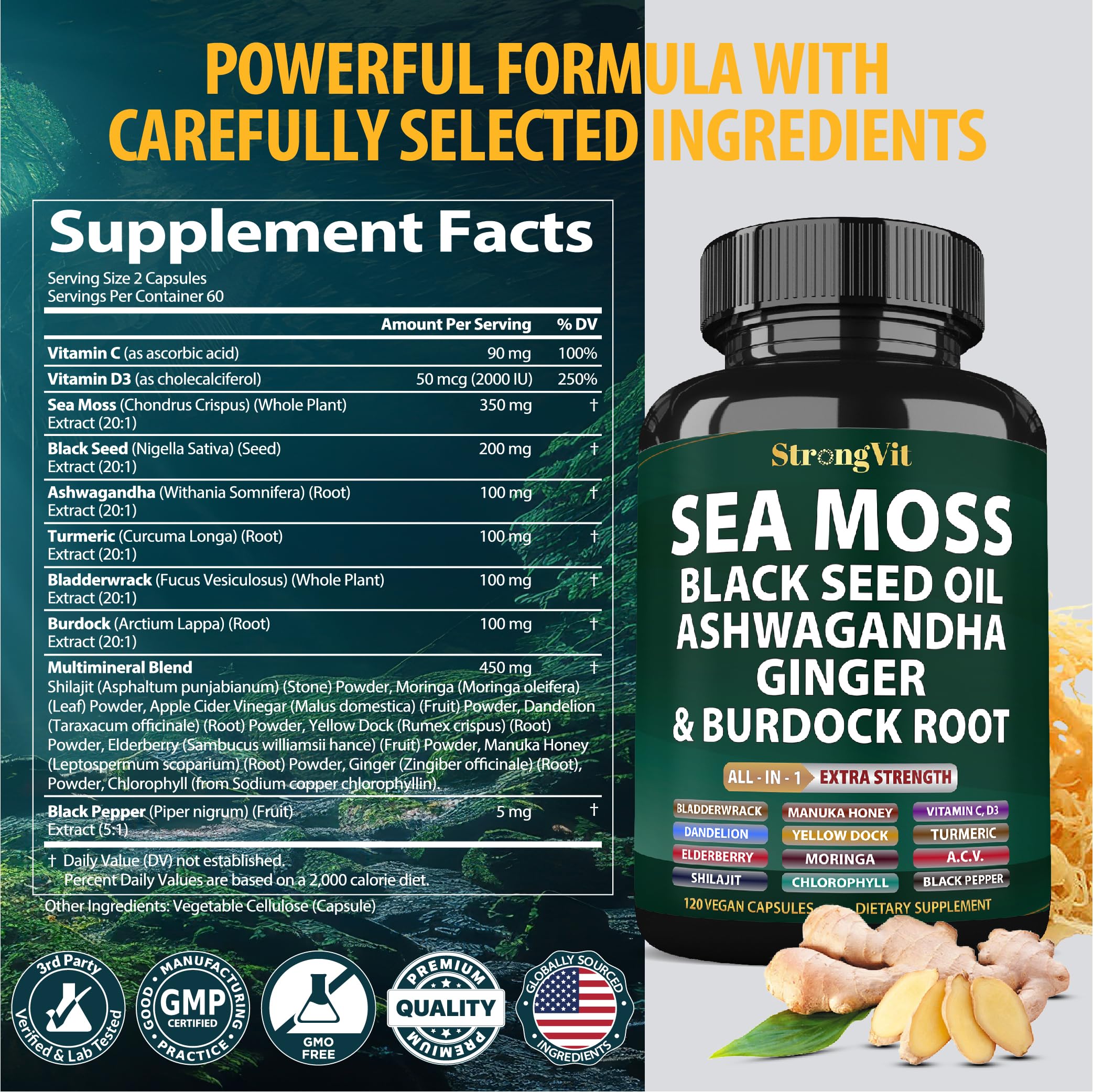 StrongVit polvos de ashwagandha y jengibre resaltando origen natural
